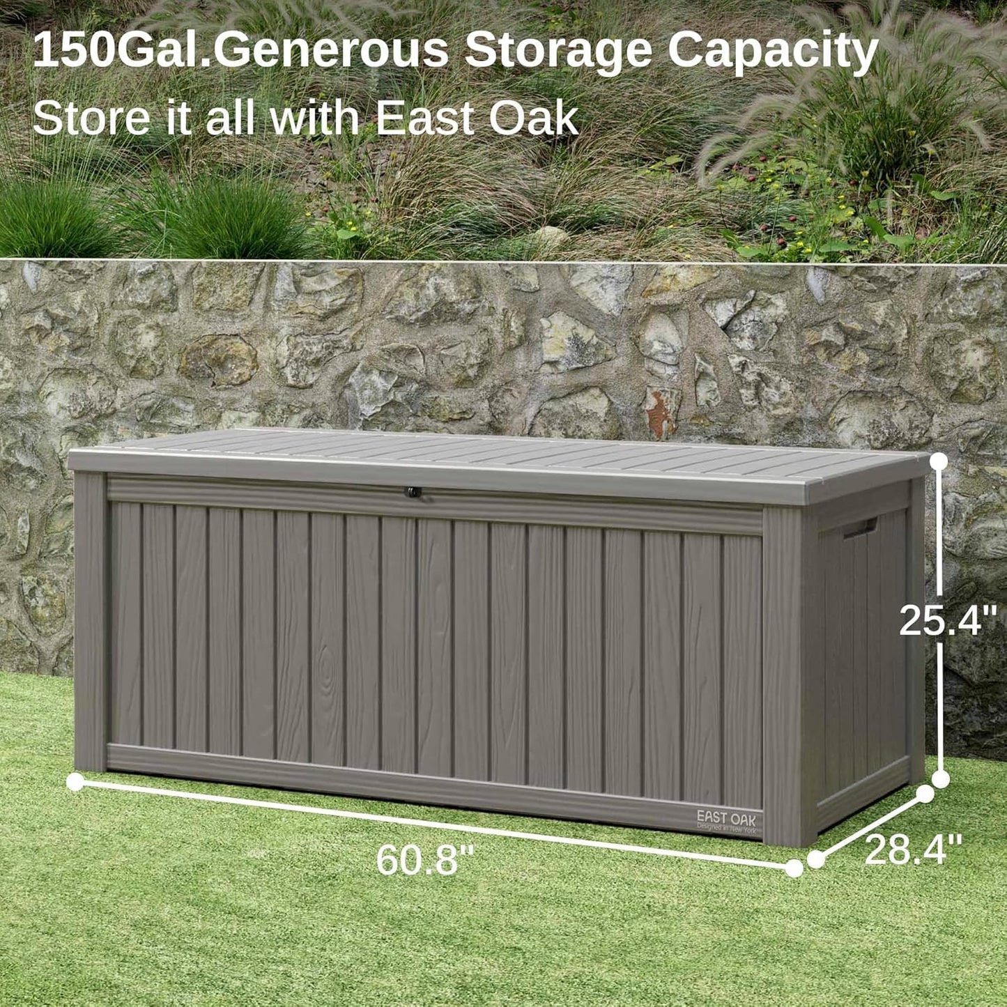 EAST OAK Outdoor Storage Box, 150 Gallon Deck Box, Large Resin Storage Bin for Patio Cushions, Gardening Tools, Lockable, Waterproof and UV Resistant, Grey