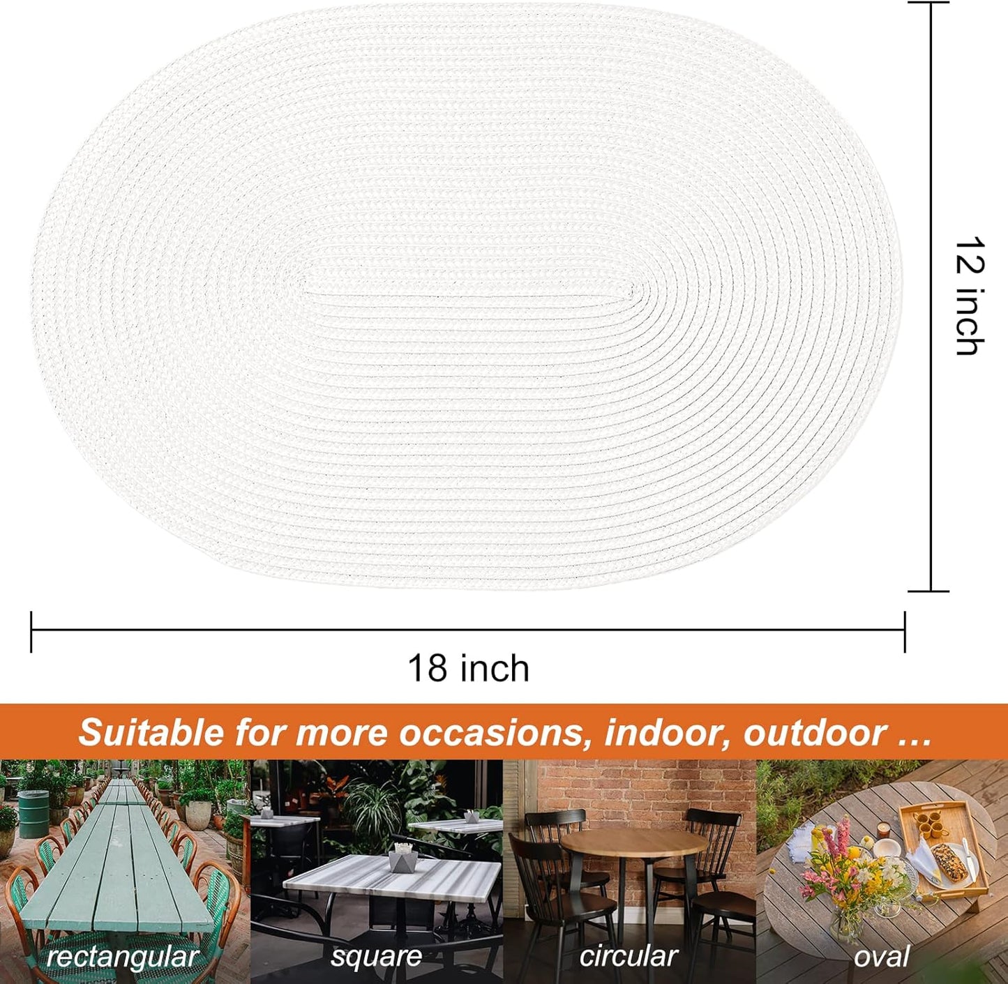 AHHFSMEI Placemats Set of 4 for Dining Table Washable Woven Vinyl Non-Slip 18x12 inches Placemat Heat-Resistant Durable Table Mats for Dining Table Easy to Clean (Oval White, 4)