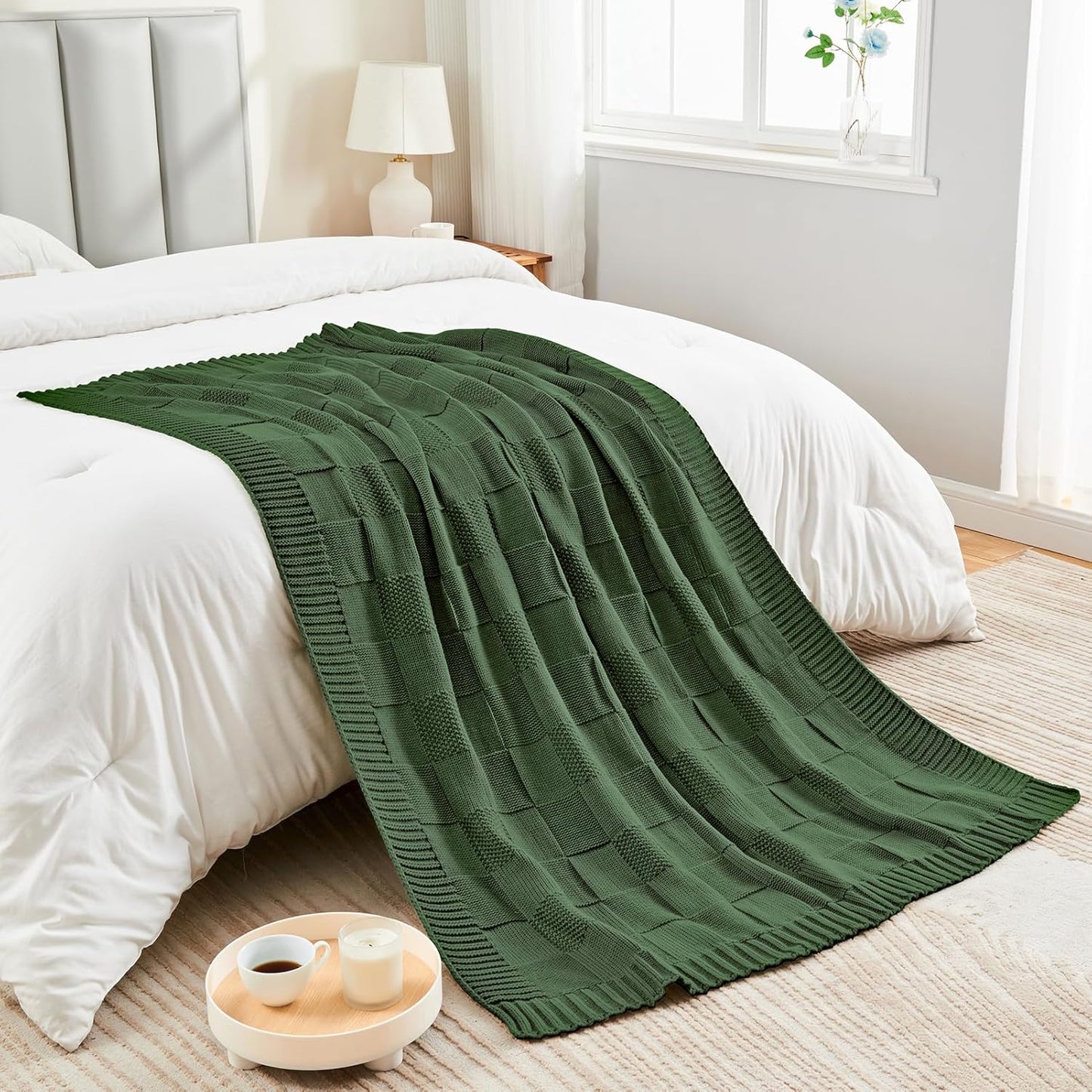 CozeCube Knit Throw Blanket,Christmas Green Checkered Bedroom Blanket for Couch,Soft Cozy Warm Knitted Blanket for Bed Sofa Living Room,Decorative Spring Fall Throw Blanket 60"X80",Christmas Green