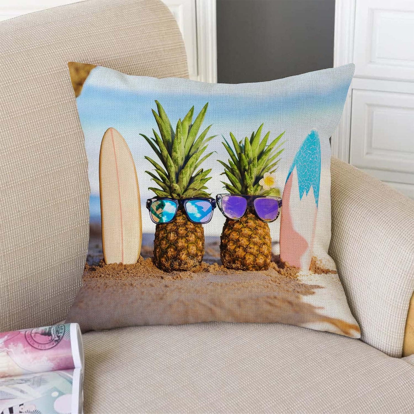 TSSOHU Yellow Pineapple with Glasses on The Sandbeach Throw Pillow Case Cushion Cover Couch Sofa Decorative Square 18x18 inches