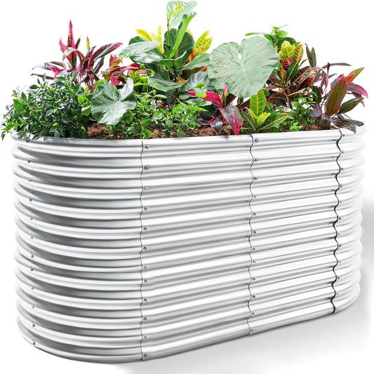Land Guard 6x3x3ft Oval Galvanized Raised Garden Beds, Large-Capacity Metal Planter Box Outdoor, Durable Deep Raised Garden Bed 3ft Tall, Raised Beds for Gardening Vegetables, Classic Silver