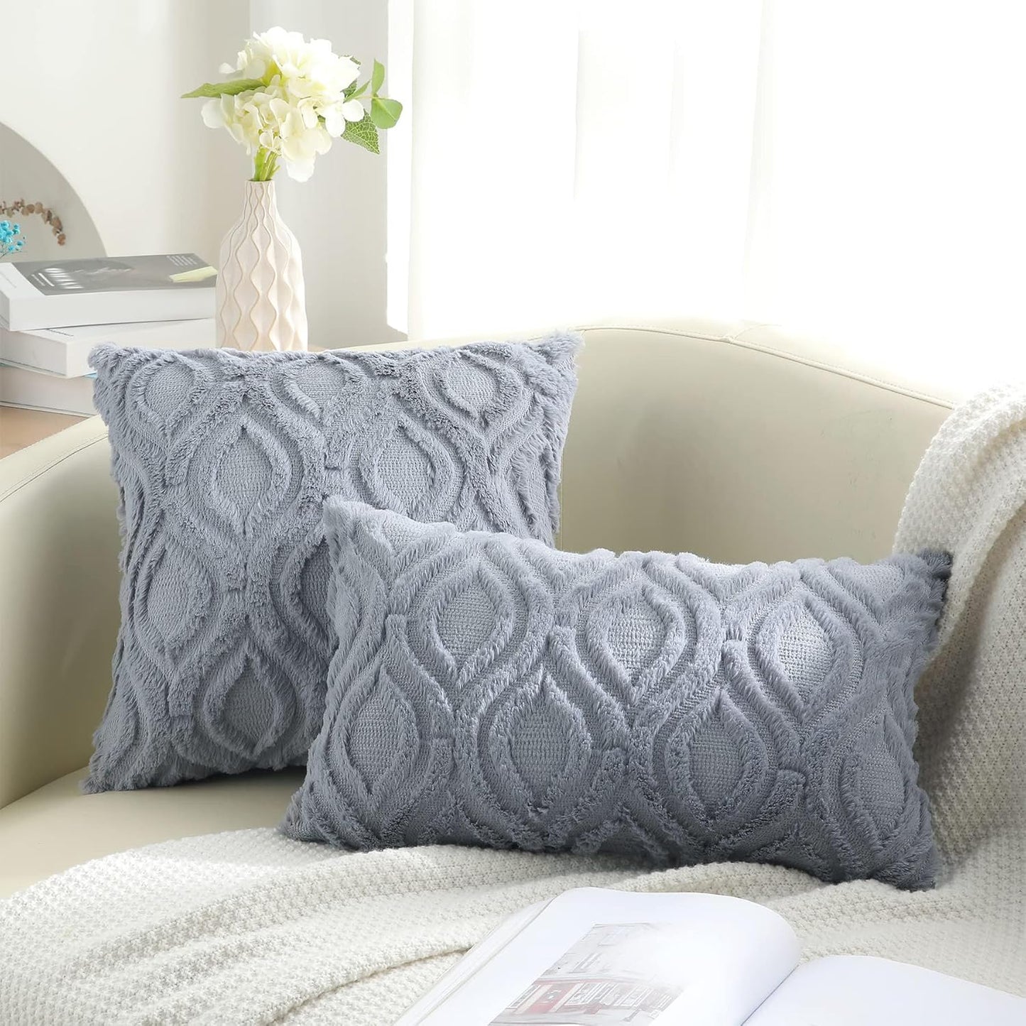 decorUhome Fall Throw Pillow Covers 22x22 Inch Set of 2, Soft Plush Decorative Faux Fur Blue Grey Solid Couch Pillow Covers, Accent Farmhouse Neutral Square Euro Pillow Cases for Sofa Bed Living Room