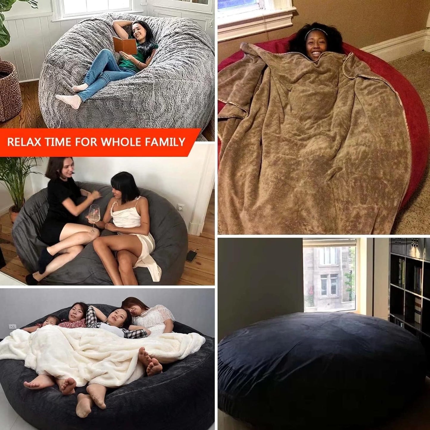 Big Huge Giant Bean Bag Chair for Adults, (No Filler) Bean Bag Chairs in Multiple Sizes and Colors Giant Foam-Filling Required- Machine Washable Covers, Double Stitched Seams (Snow Black,6FT)