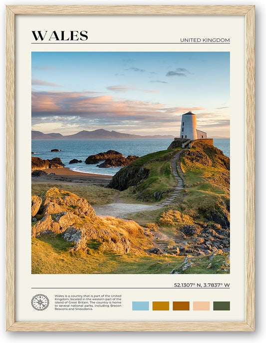 HesenDot Natural OAK Wood Framed Wales Wall Art,12x16in Tŵr Mawr Lighthouse Seascape Canvas Wall Print Posters, Classic Urban Landmark Wall Decor for Living Room, Bedroom, Office Gallery Set of 1