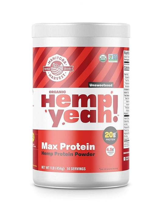 Manitoba Harvest Hemp Yeah! Organic Max Protein Powder, Unsweetened, 16oz; with 20g Protein and 4.5g Omegas 3&6 per Serving, Keto-Friendly, Preservative Free, Non-GMO, Packaging May Vary
