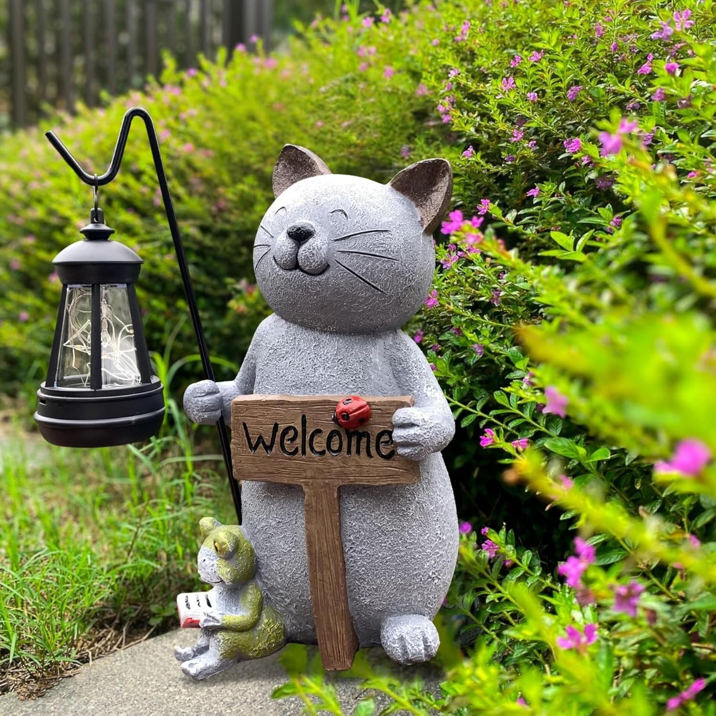 Cat Garden Statue with Solar Lantern: Cat Outdoor Figurine Decorations -Solar Garden Statue Decor for Patio,Balcony,Yard, Lawn - Gift for Mom, Grandma,Women, Housewarming,Birthday