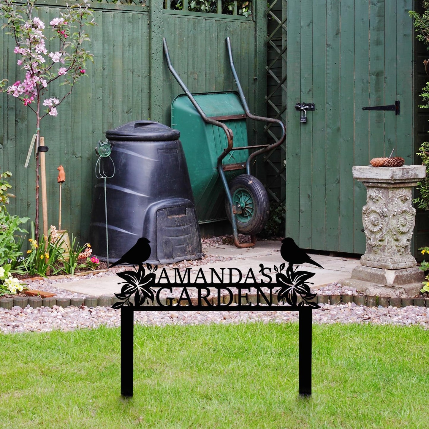 Personalized Metal Garden Name Sign with Flowers and Birds, Custom Yard Sign with Stake