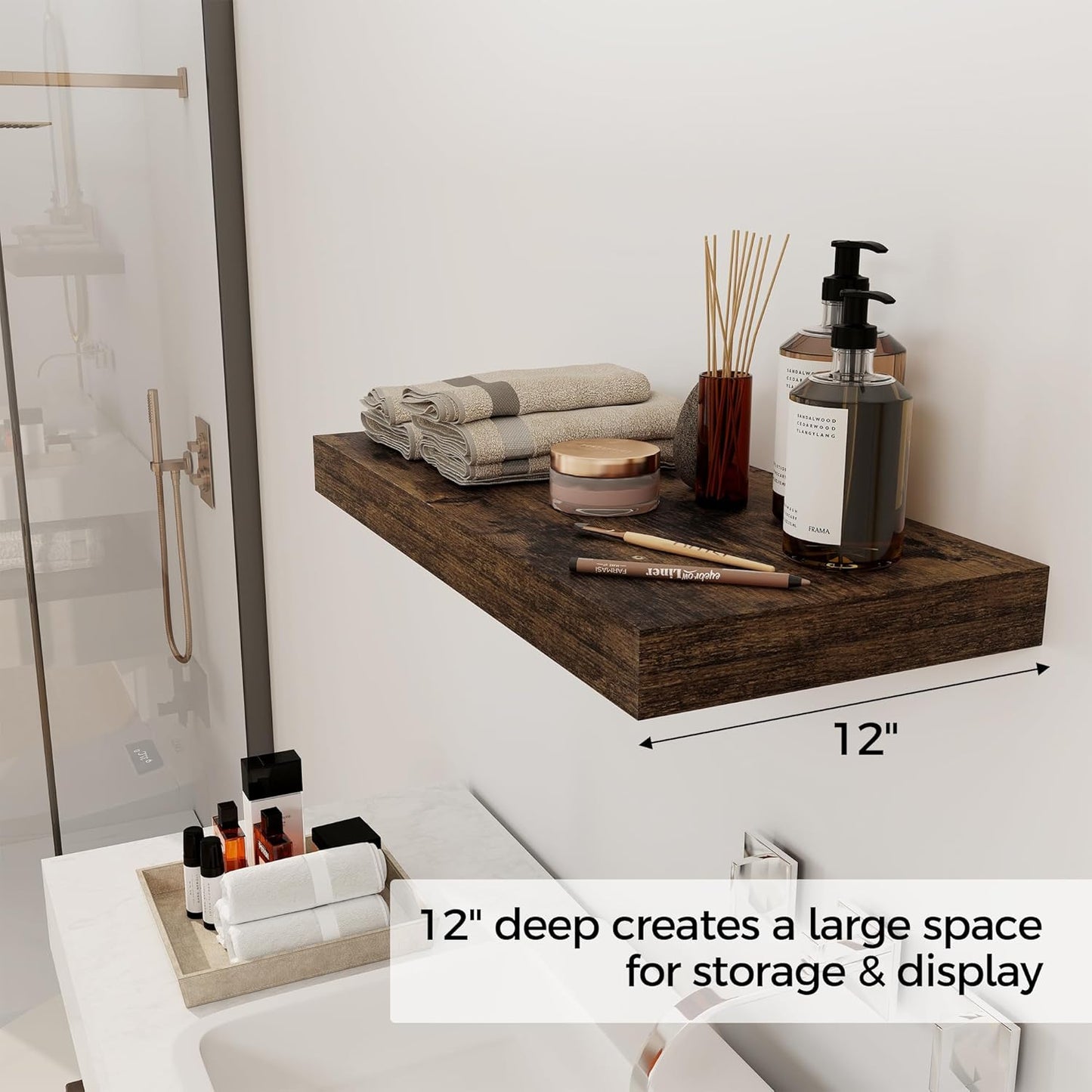 12 Inch Deep Floating Shelves, 24 x 12 Floating Shelf for Books, Rustic Wood Deep Wall Shelves for Home Storage & Display, 2" Thicked Shelves for Kitchen, Living Room, Bedroom, Rustic Brown, 1 Pack