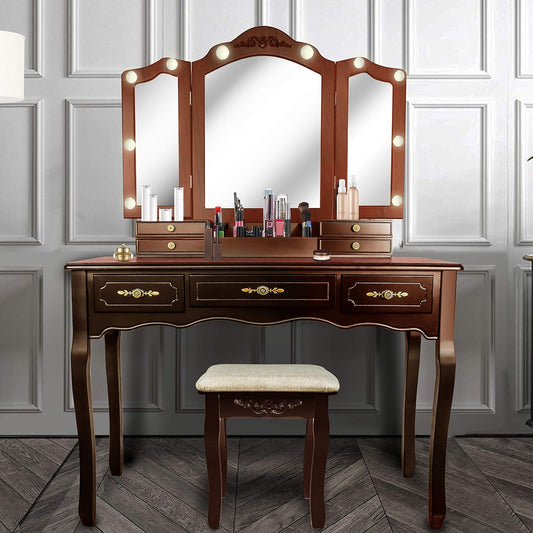 ENSTVER Vintage Vanity Desk with Mirror and Lights, Tri-Folding Mirrors, 6 Organization 7 Drawers Makeup Dress Vanity Table with Cushioned Stool-Espresso