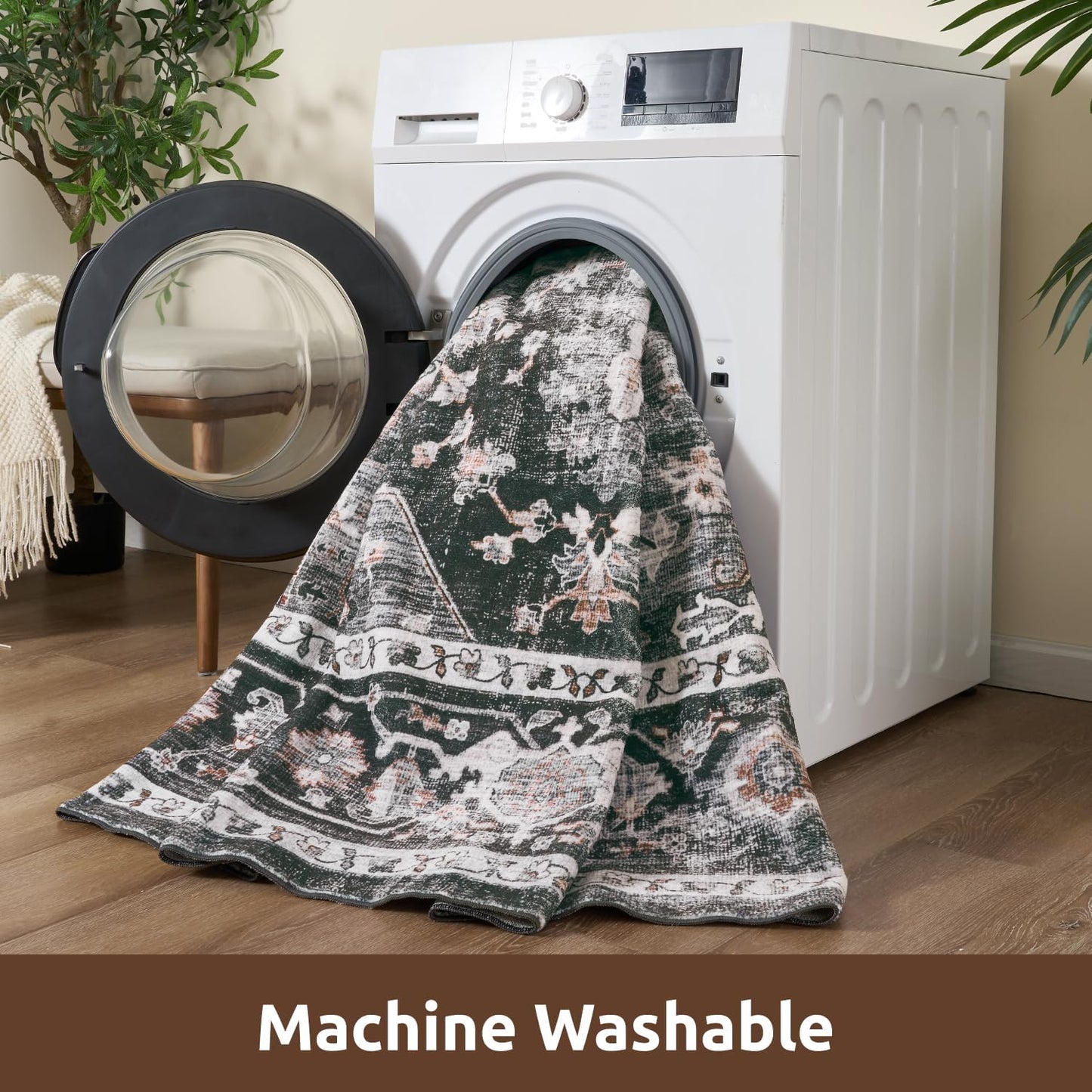 AMOAMI-2X10 Runner Rug-Washable Runners for Hallways-Soft Non Slip Bedside Rugs for Bedroom-Vintage Long Rug for Hallways Entryway Laundry Room Stair Kitchen Bathroom Dark Grey & Black