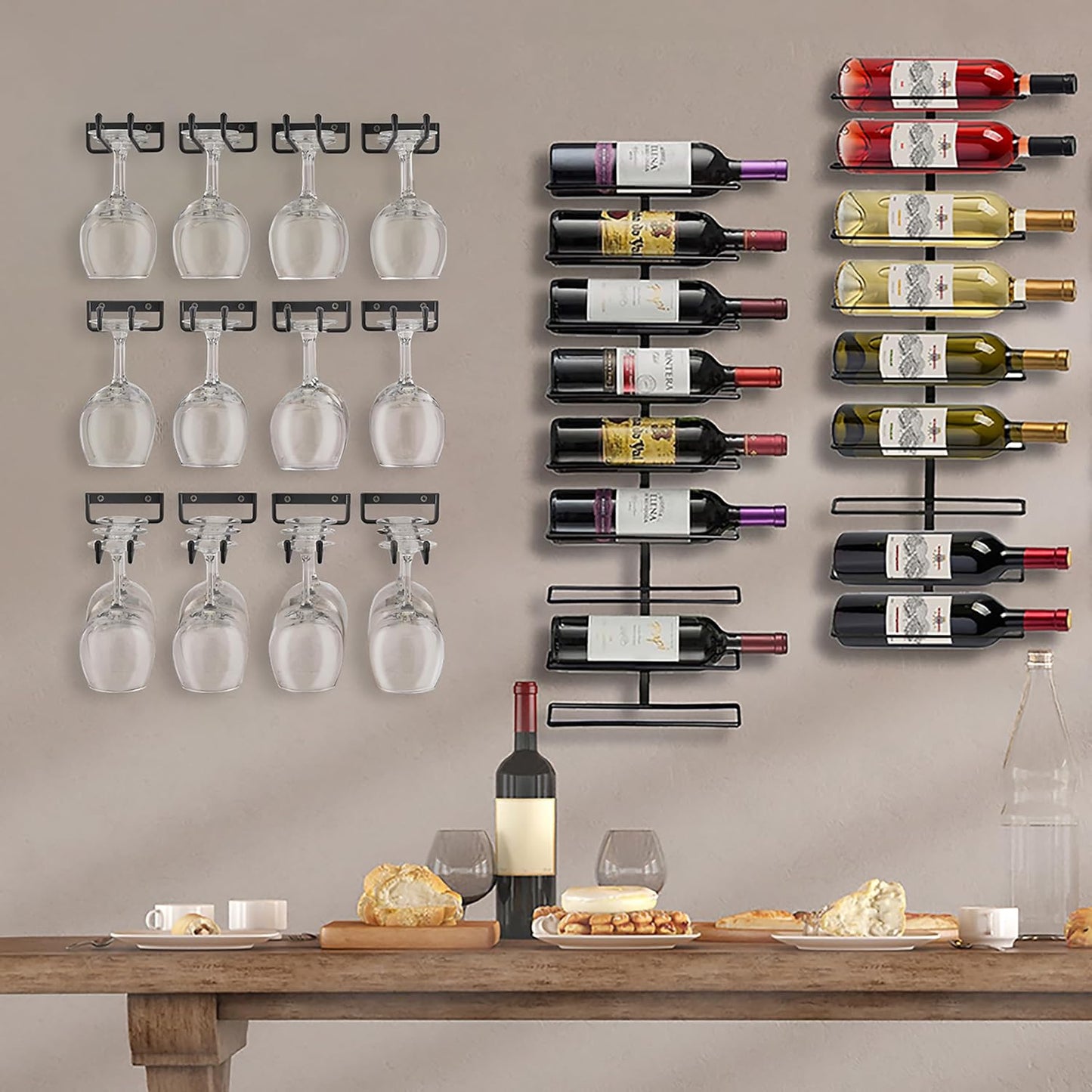 Sorbus Wall Mount Wine Rack + Under Cabinet Wine Glass Holder Set - Wine Rack Wall Mounted for Wine Bottles, Champagne, and Wine Glasses - Complete Your Home Bar & Wine Kitchen Storage, 2 Pack