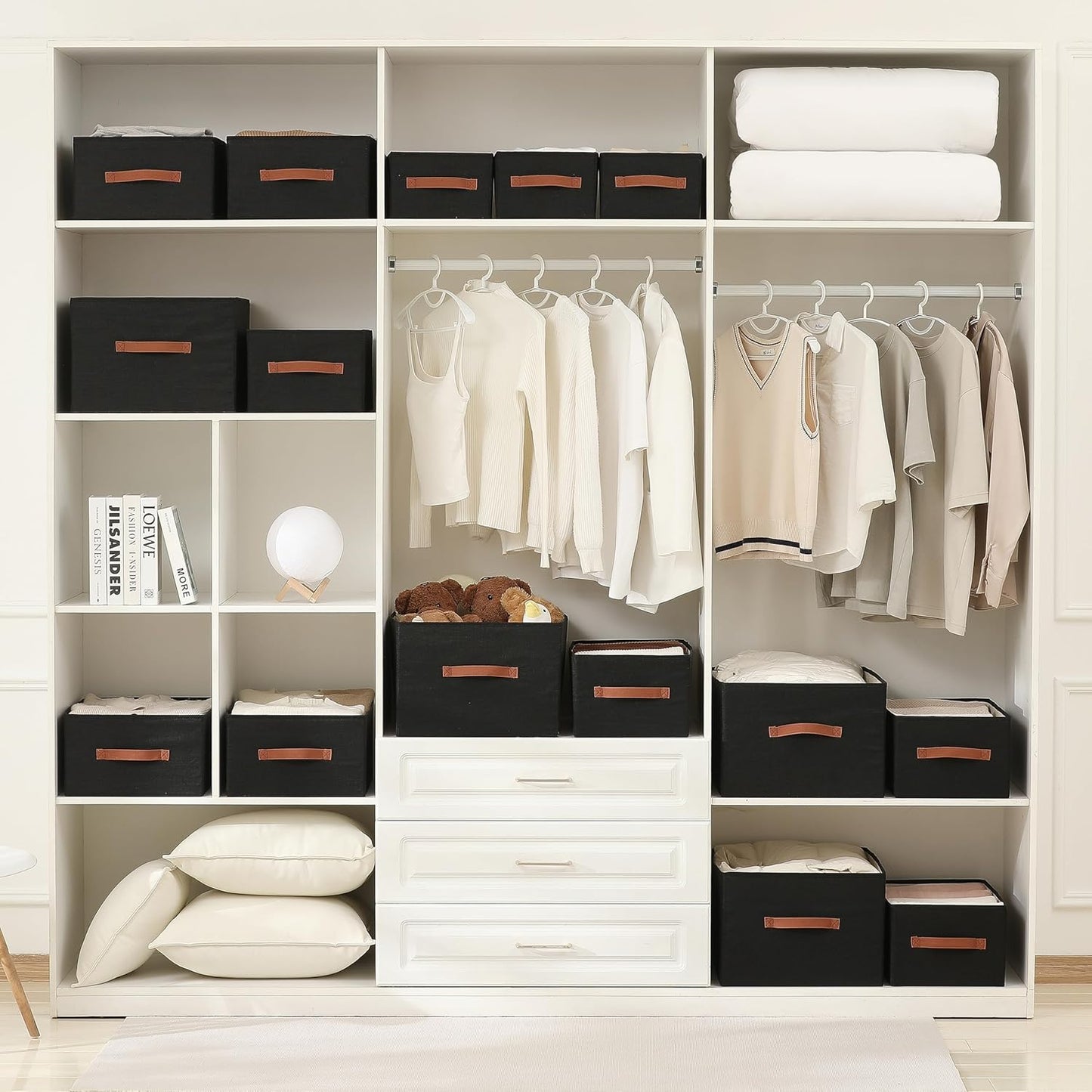 linen closet organizers and storage, 3 Pack Large Storage Baskets, Washable, Clothing Storage Bins with Handle, Closet Organizer for Storage Sweater,Sheets (Black, 18½"x13½"x8½")