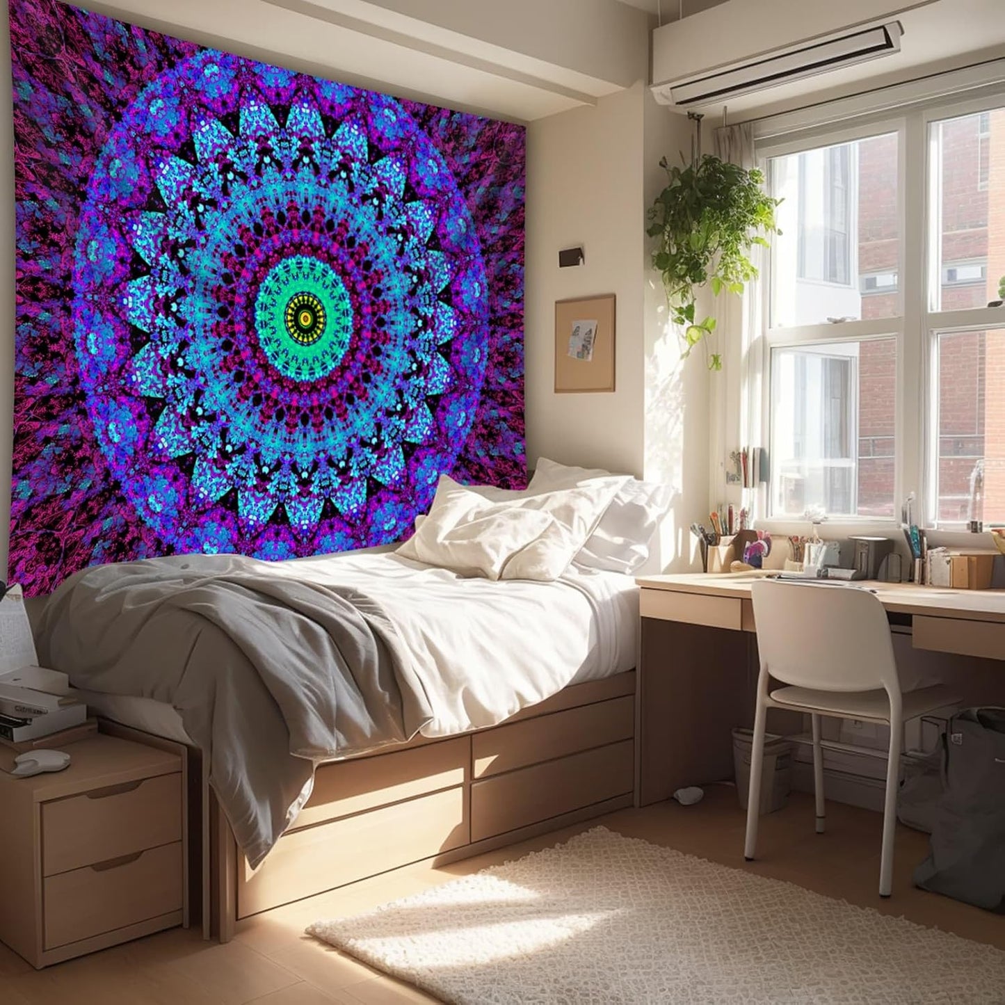Blacklight Mandala Boho Tapestry, Black Light Bohemian Hippie Poster for Adults and Teens, UV Reactive Aesthetic Wall Art Decor for Bedroom (60 x 50 Inches)