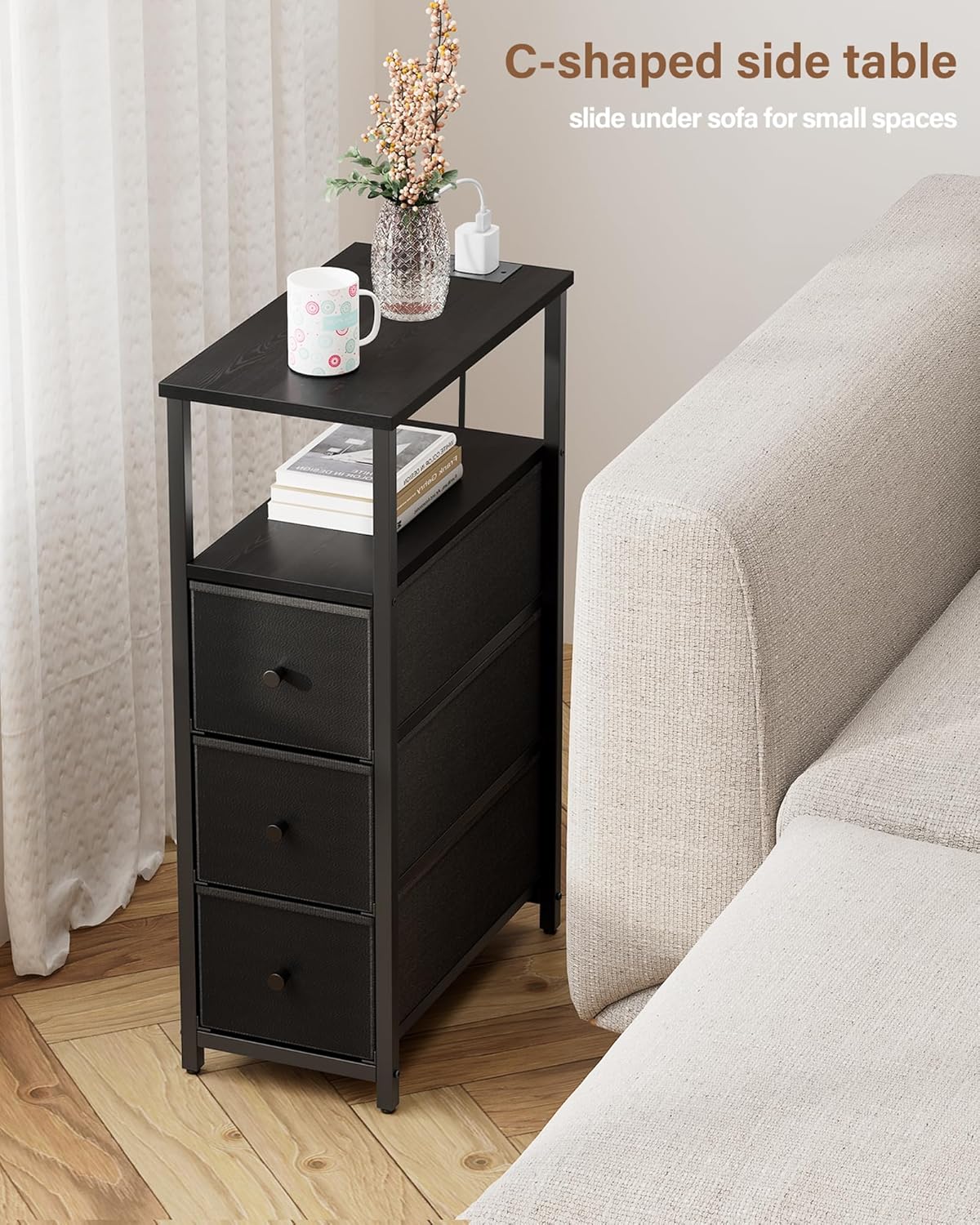 TUTOTAK Narrow Night Stand with Charging Station, Slim End Table with Plugins, Tall Side Table with 3 Fabric Drawer, Small Bedside Table with Storage, Living Room, Bedroom, Black TB01BK086