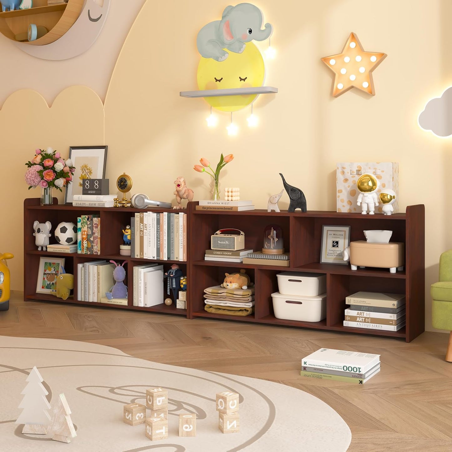 Book Shelf Set of 2, 5 Cubes Storage Organizer, Open Shelf Wooden Bookcase, Freestanding Cherry Bookshelf Cube Shelf for Bedroom, Living Room, Home Office