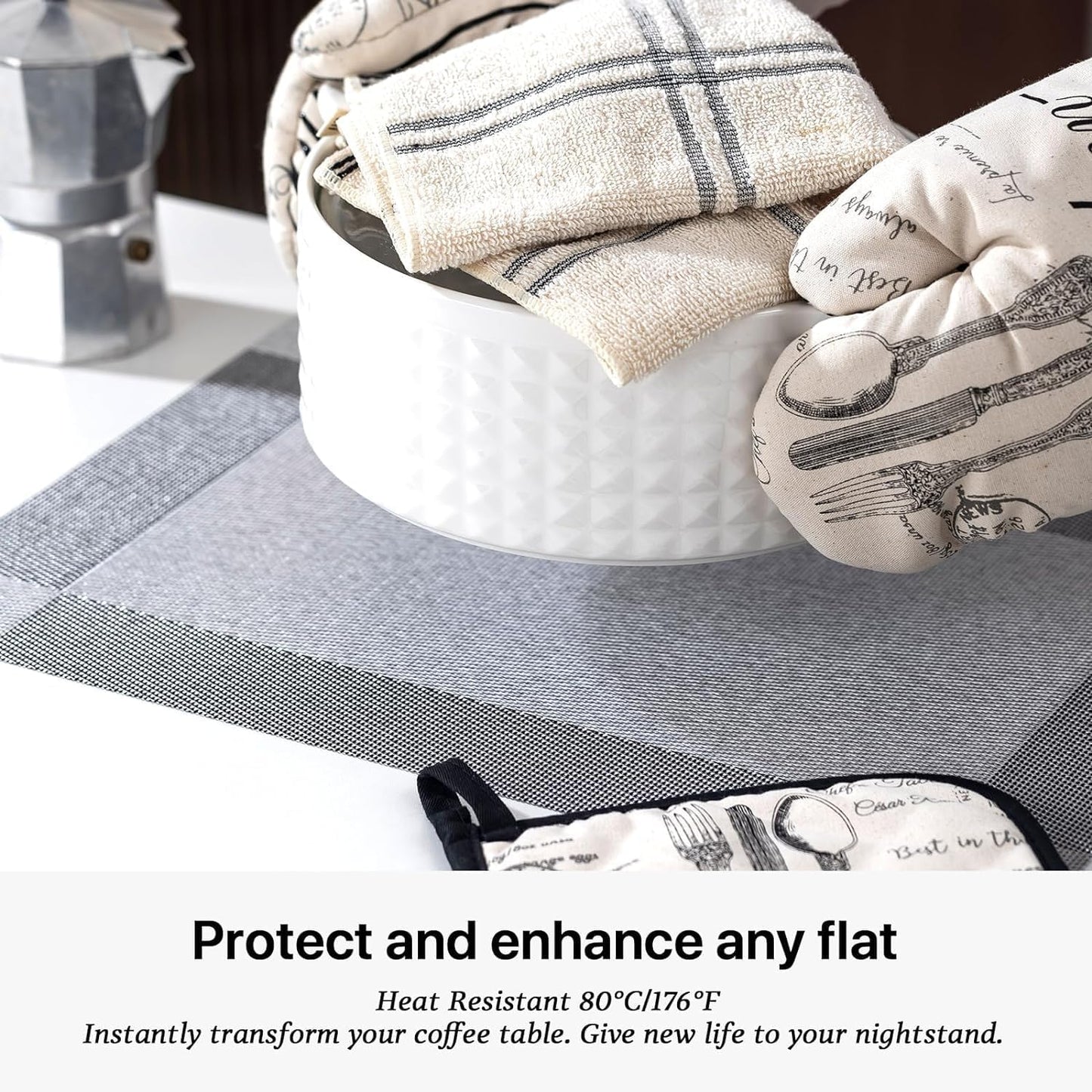 LEXMORE PlaceMats Set of 12 Vinyl/Plastic Woven Place Mats for Kitchen Table Indoor/Outdoor Washable PlaceMat Wipeable Dining Table Mats(Silver Cube)