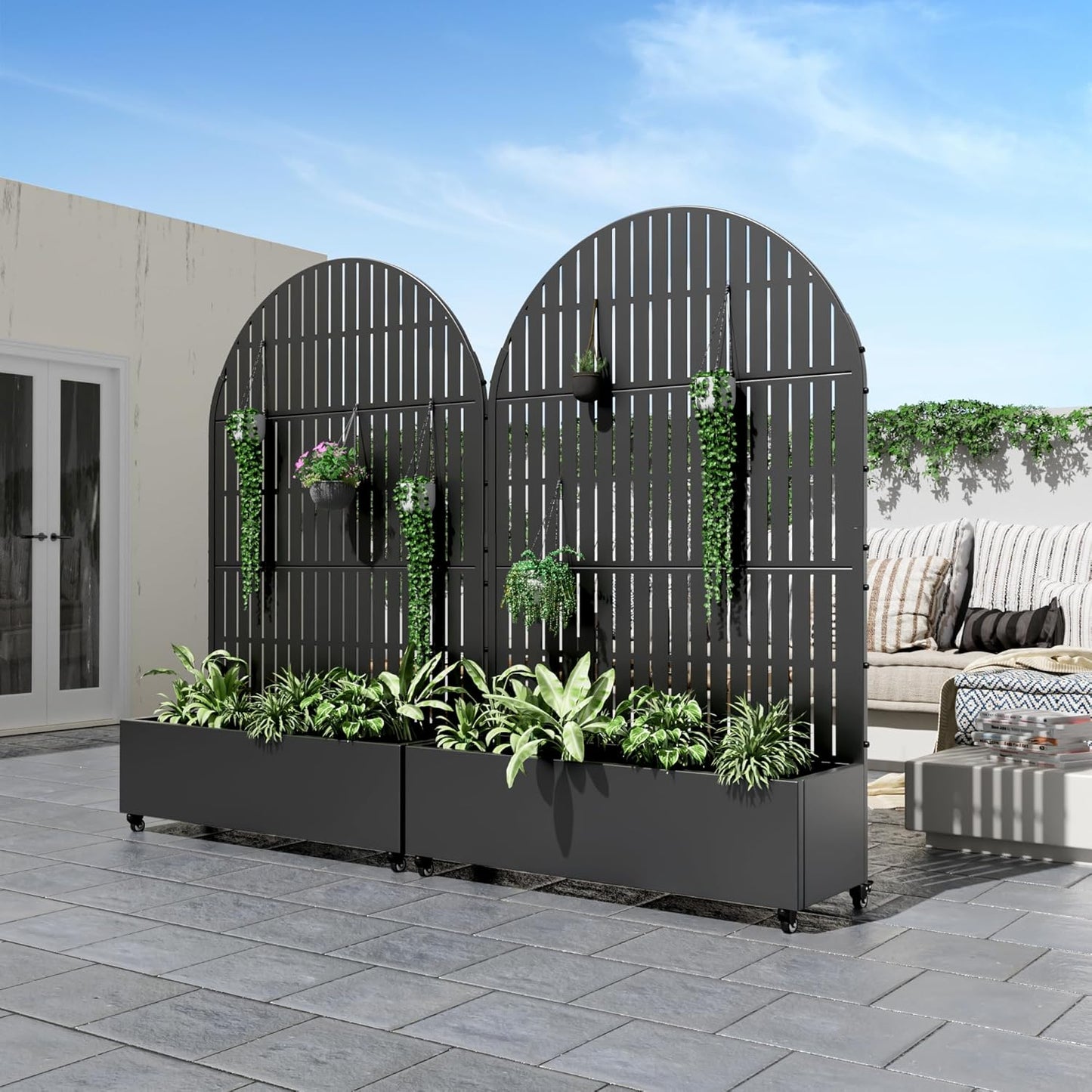 Casaphoria Metal Raised Garden Bed with Trellis and Wheels, 72"x47"x16" Arched Planter Box for Climbing Plants, Vegetables & Vines, Features Drainage Holes and Privacy Screen (Black-Fence)