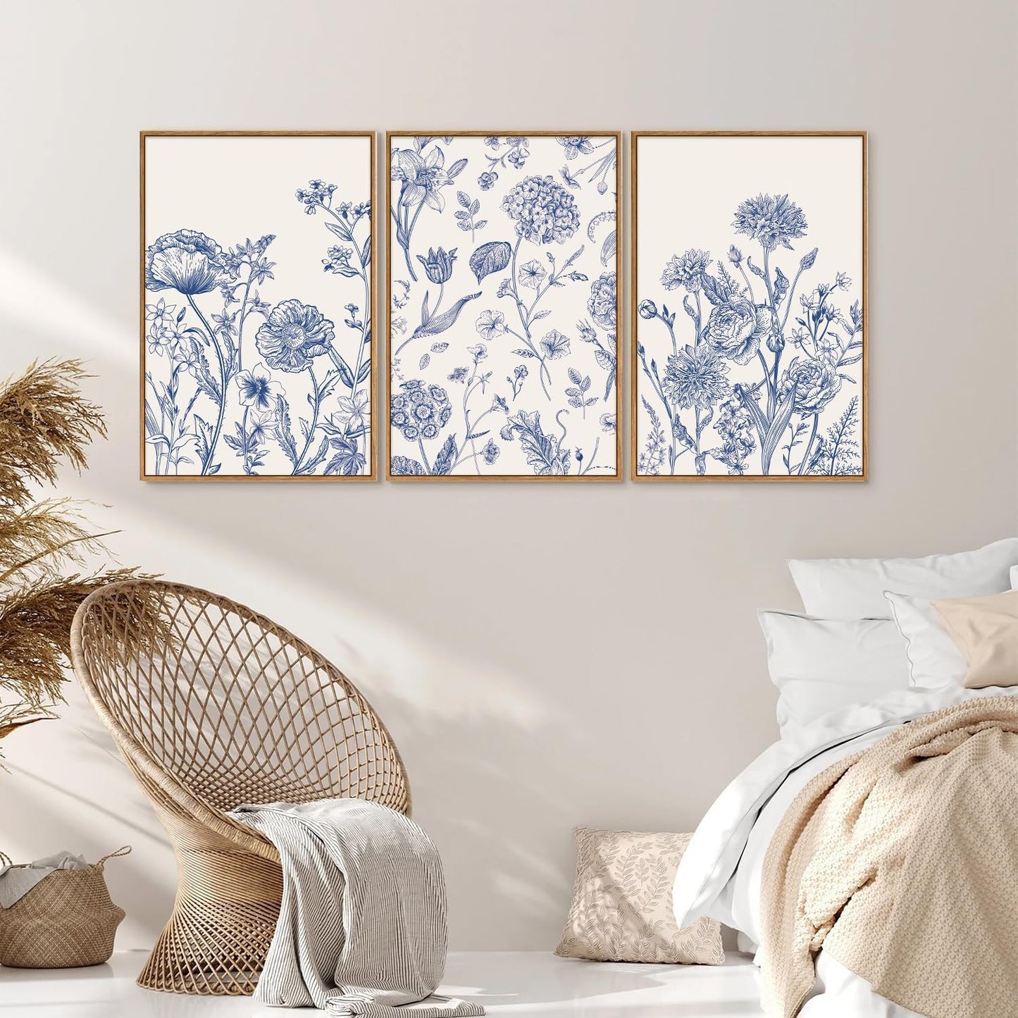 Tinonedraw Large Classic Chinoiserie Flower Framed Canvas Wall Art Set, Navy Blue and White Floral Wall Decor, Minimalist Neutral Botanical Art Printing for Living Room Bedroom Office Dorm 16"x24"x3