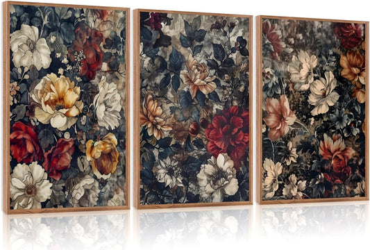 Aurlan Dark Moody Boho Wildflowers Wall Art Set(16"x24"), 3 Pieces Vintage Mid Century Modern Floral Framed Canvas Artwork, Large French Penoy Botanical Wall Decor for Office Bedroom Living Room