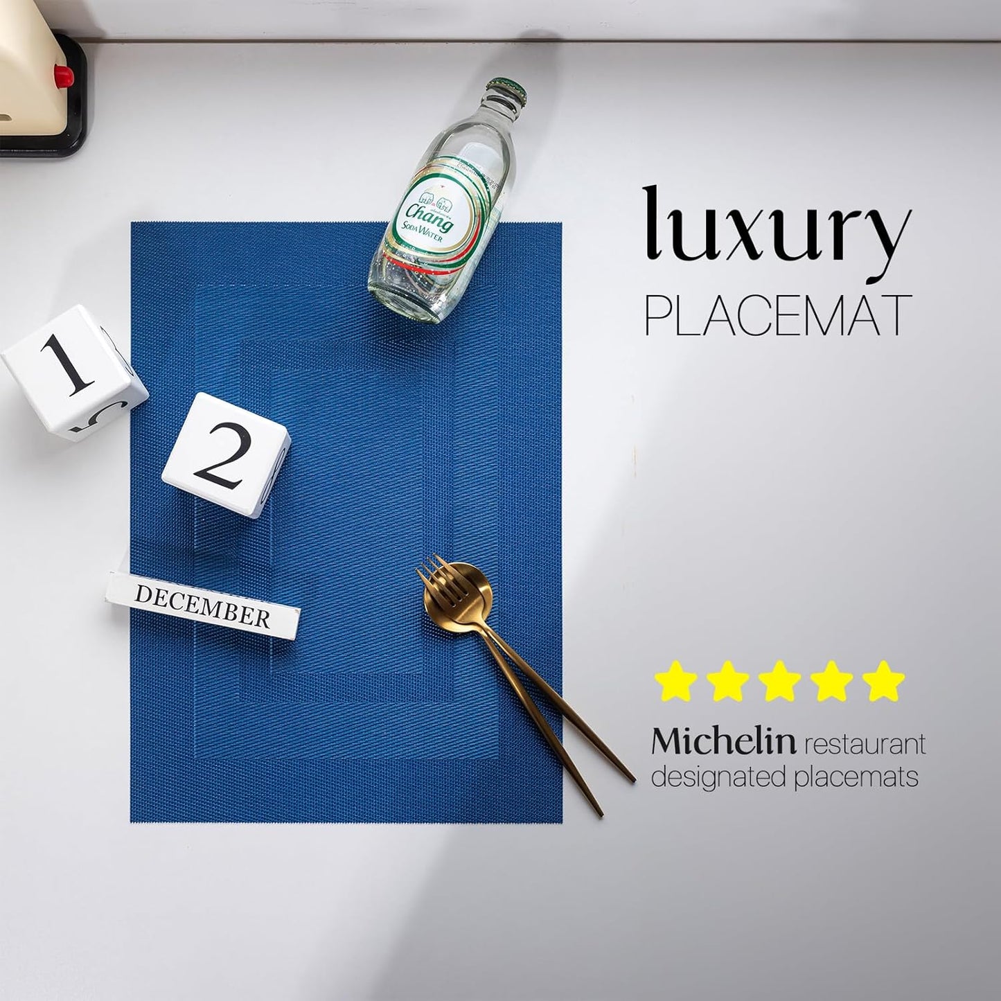 LEXMORE Placemats Set of 4 Vinyl/Plastic Woven Place Mats for Kitchen Table Indoor/Outdoor Washable Placemat Wipeable Dining Table Mats(Navy Cube)