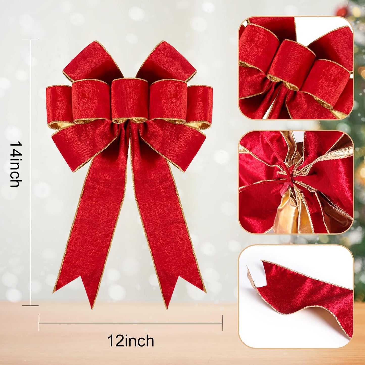 1Pack Large Christmas Bows Velvet Red Bows Holiday Red Christmas Bows Decorations for Wreath Velvet Bows Decor for Christmas Tree Topper, Front Door, Outdoor(14 * 12 inch)