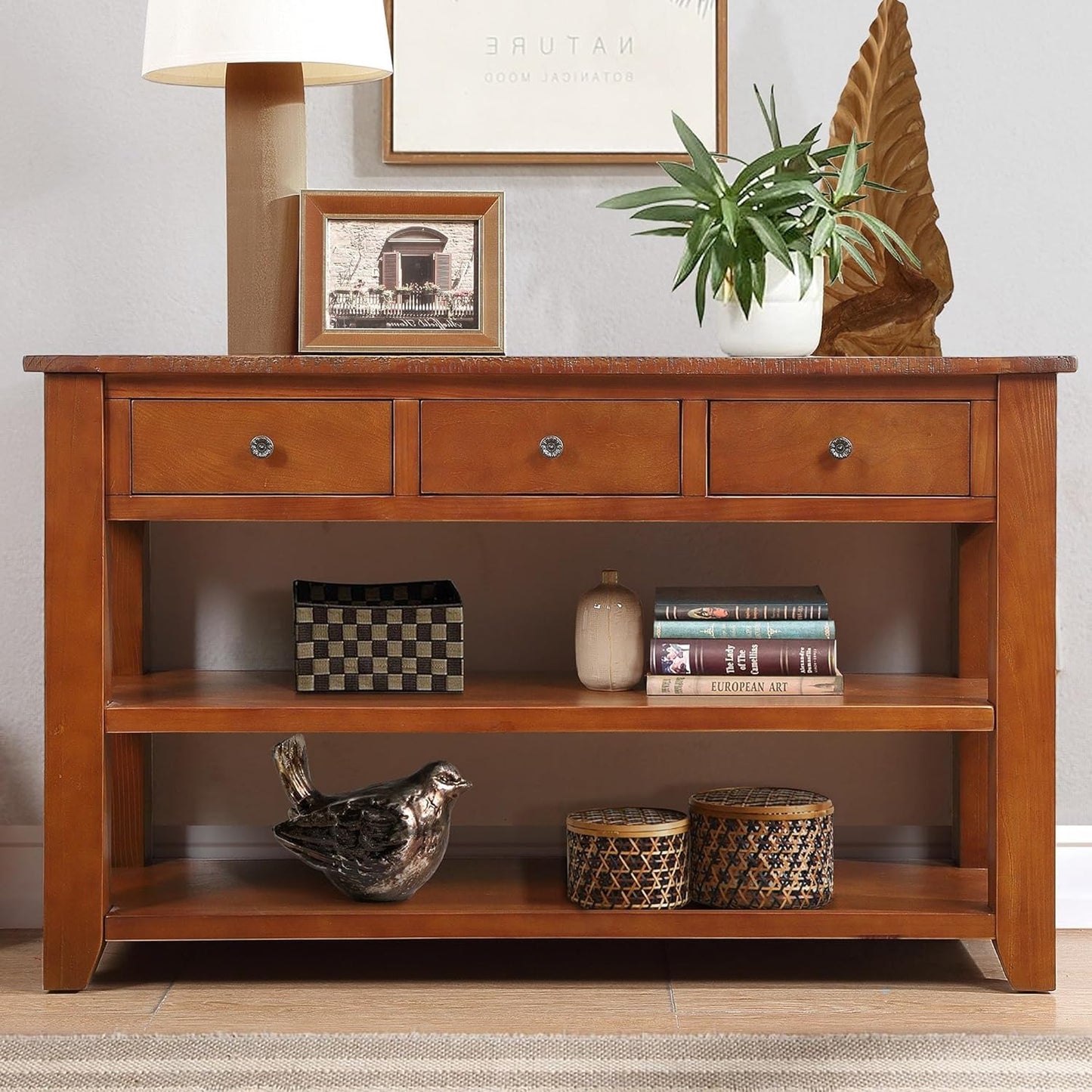Farmhouse Wood Entry Console Table 48-Inch Modern Sofa Entryway Table with Drawers and Storage Shelves for Entrance Living Room (Brown)