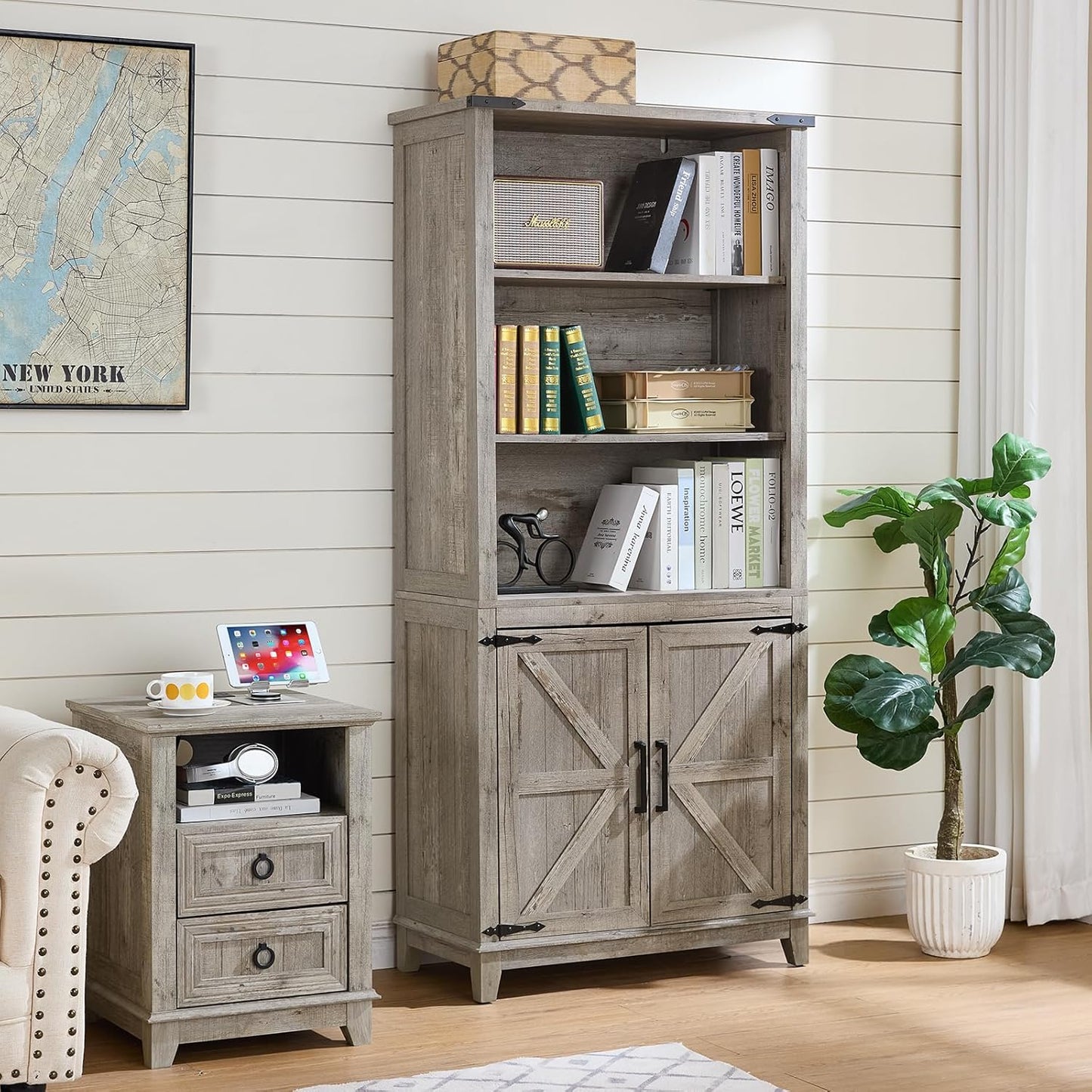 70in Tall Bookshelf 5 Tier Bookcase with Barn Doors and Adjustable Shelves, Grey Farmhouse Book Shelf with Storage Cabinet, Wood Freestanding Display Bookshelves for Bedroom, Living Room
