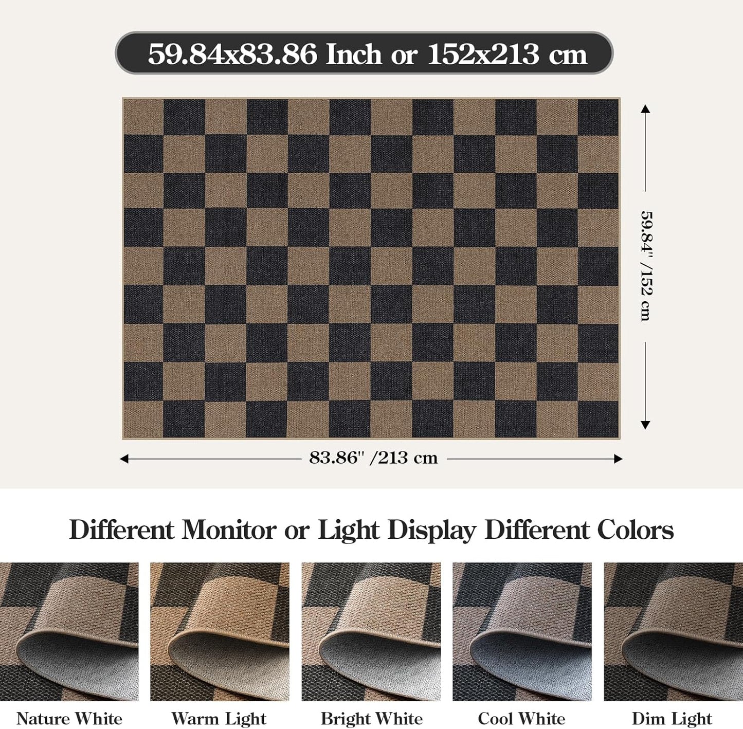 Lahome Checkered Easy Jute Living Room Rugs, 5x7 Black Dining Room Office Rug Farmhouse Washable Carpet, Checkerboard Neutral Non Slip Indoor Outdoor Carpet for Bedroom Entry Patio