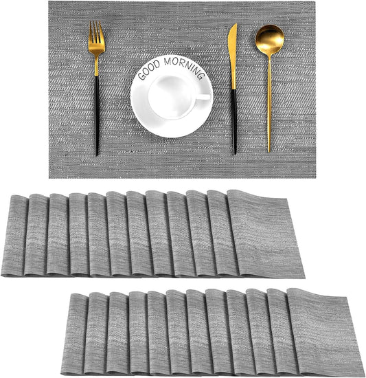 Leetaltree Grey Placemats, Heat Resistant Non-Slip Place mats for Dining Table, Washable Durable PVC Vinyl Woven Table Mats (Set of 24)