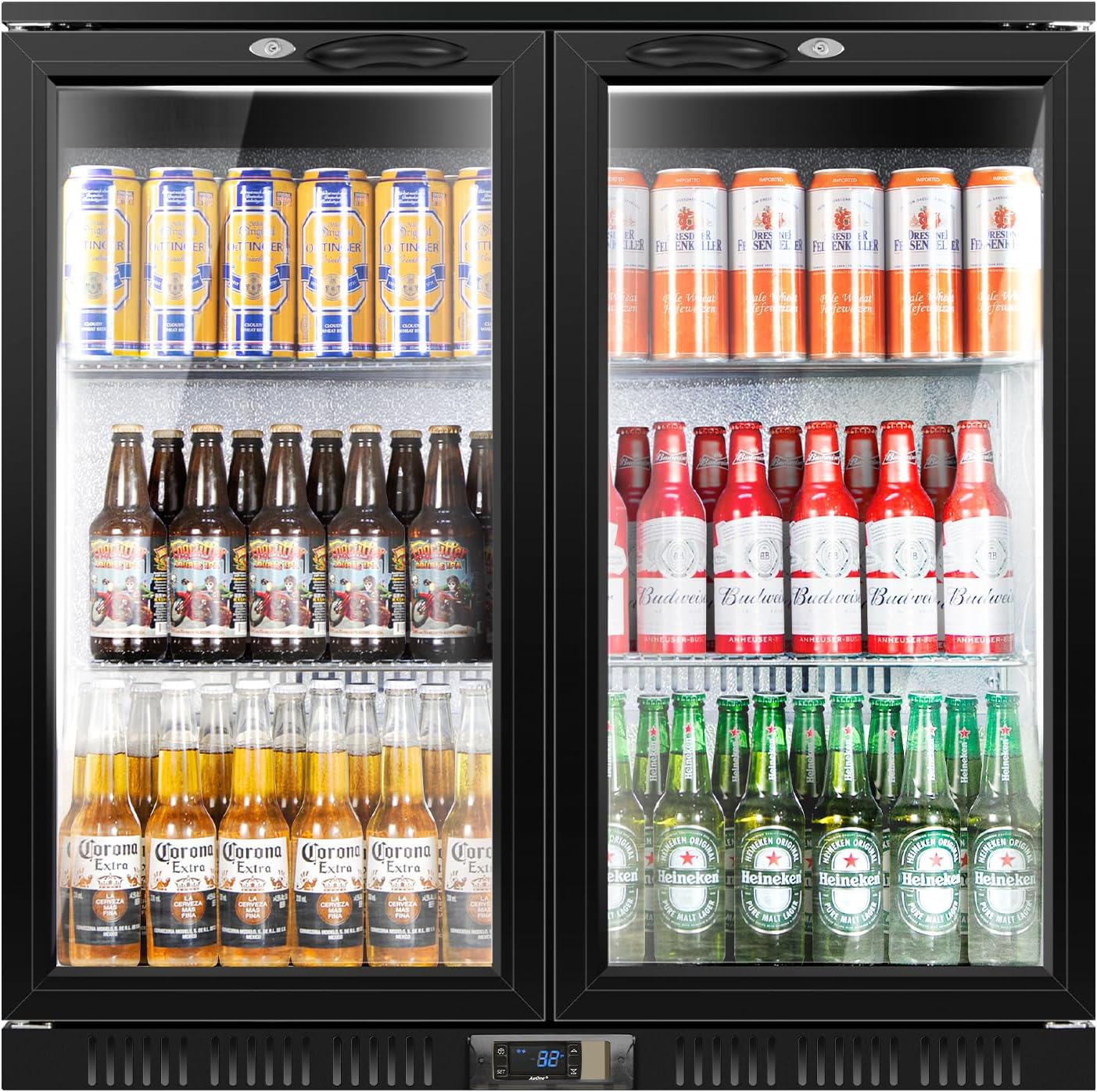 Tylza Back Bar Cooler With 2 Glass Doors, 200L Under Counter Back Bar Refrigerator with LED Lighting, Safety Locks, Counter Height Bar Beverage Cooler for Beer, Soda Drinks, Wine, Black