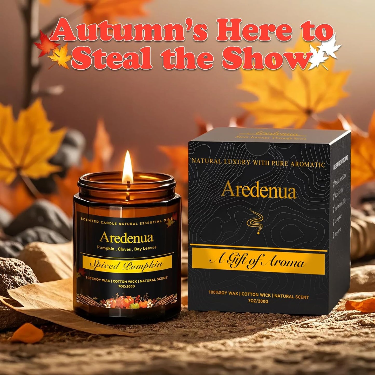 Fall Candles - Spiced Pumpkin Scented Candle, Autumn Scented Candles for Home - Natural Soy Autumn Candle - 7 oz Aromatherapy Candle, Fall Gifts for Women Men