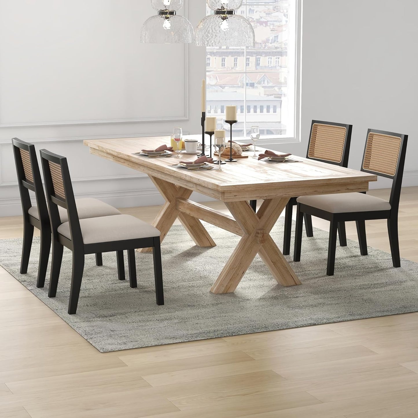 Westice Rattan Dining Chairs Set of 4, Farmhouse Natural Dining Room Chairs with Upholstered Cushion, Wood Armless Chairs for Kitchen/Restaurant, Black