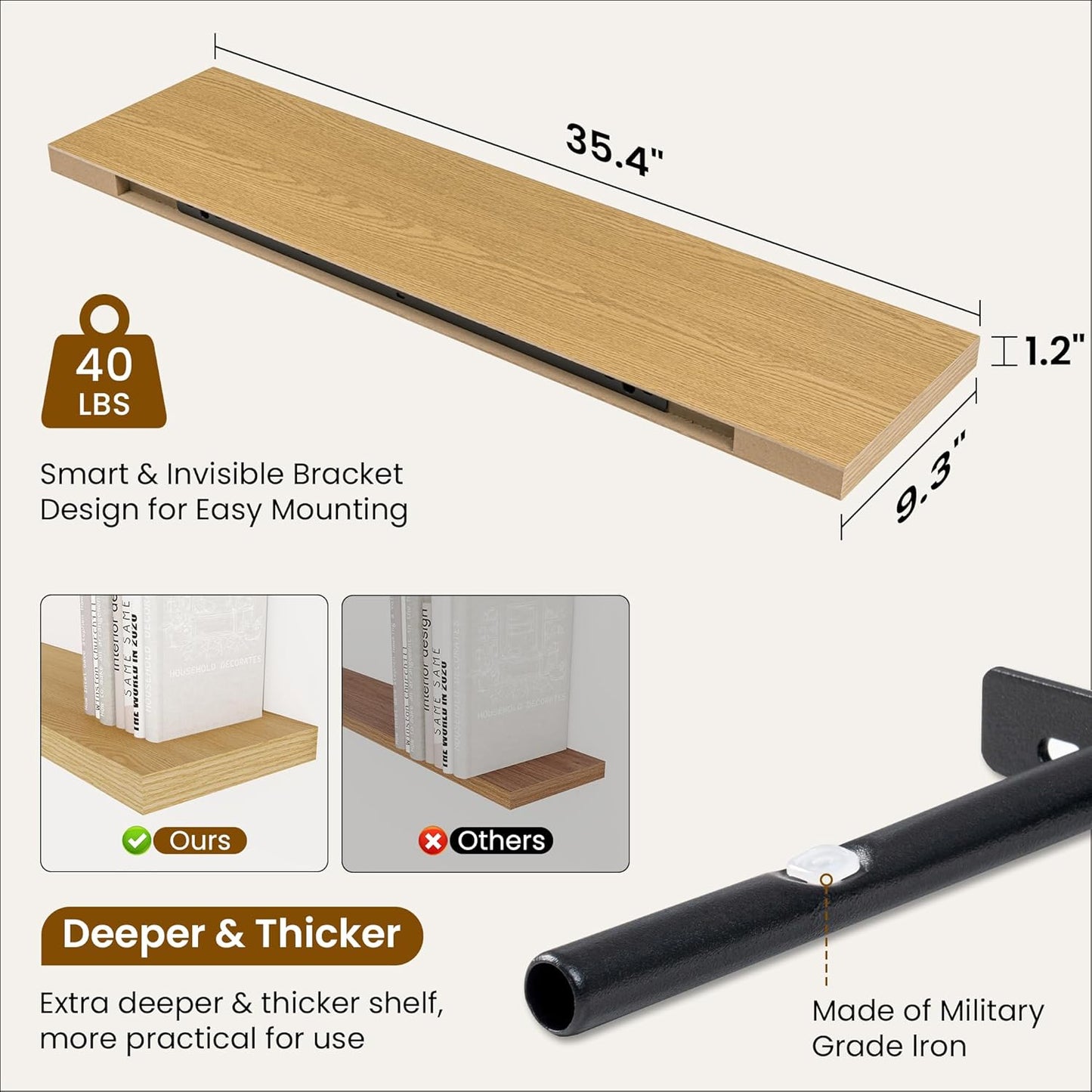 36 Inch Floating Shelves, 9.3 Inch Deep Rustic Wall Shelves - Extra Deeper Wall Mounted Storage Shelves for Bathroom, Kitchen, Living Room (Oak, Set of 2)