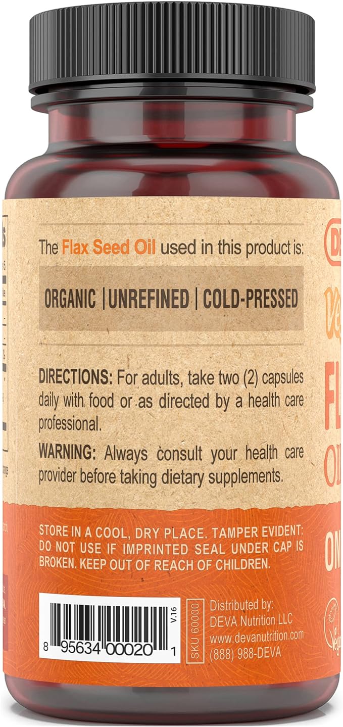 DEVA Organic Vegan Vitamins Flax Seed Oil Omega-3, Cold-Pressed 90 Capsules, 2-Pack
