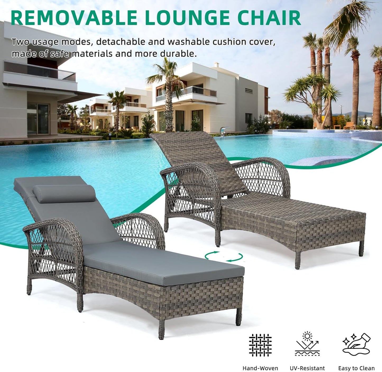VIVIJASON Outdoor Wicker Chaise Lounge Chair, All-Weather PE Rattan Cushioned Patio Lounger Chair, 6-Position Adjustable Pool Sunbathing Recliner with Armrest & Pillow for Poolside Deck Yard, Gray