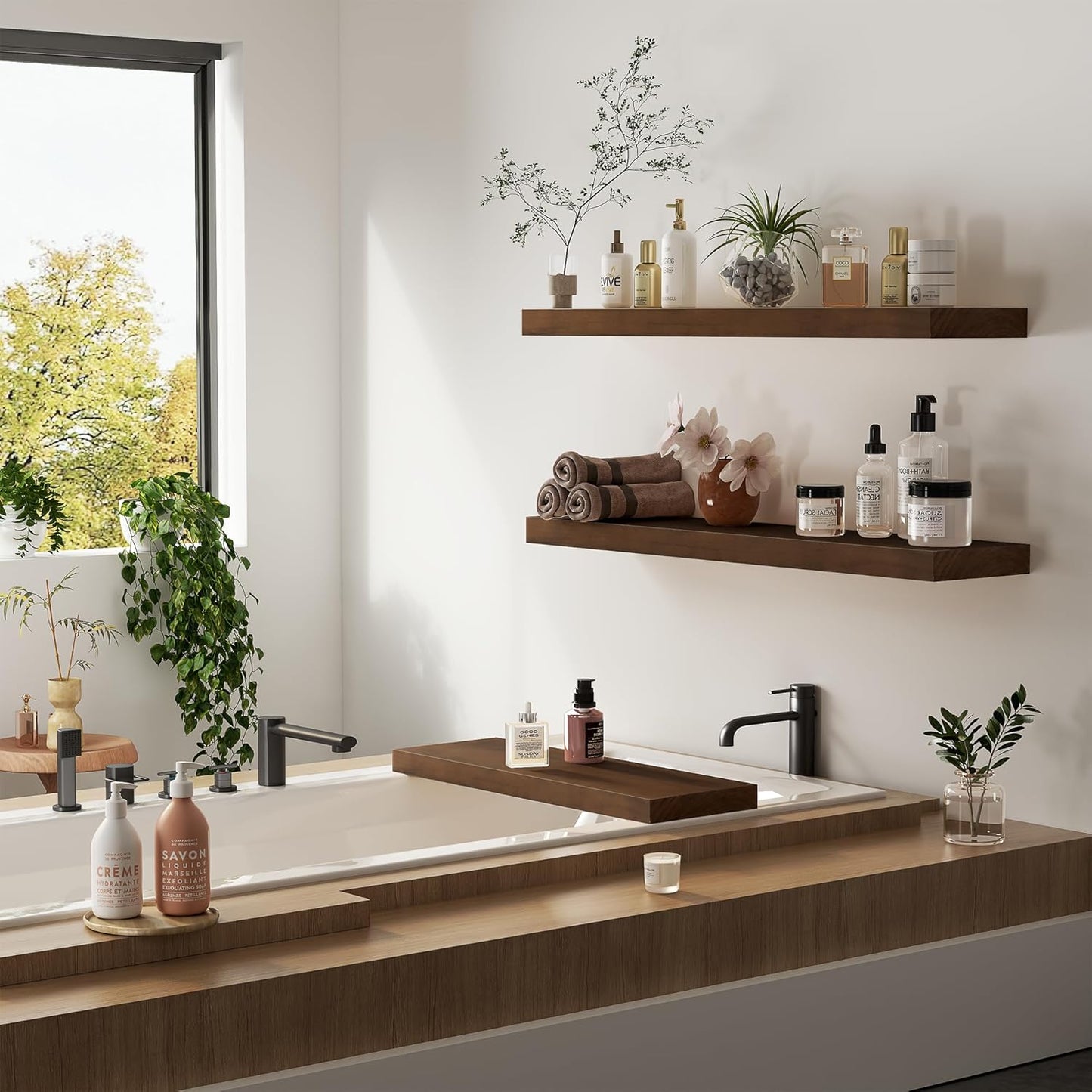 Wood Floating Shelves for Wall 36” x 8”x 1.4” Shelf Floating Rustic Farmhouse Decor, Heavy Duty Shelf Hold 80 lbs, Wall Shelves for Bathroom Living Room Kitchen Bedroom Office, 2 Packs Walnut