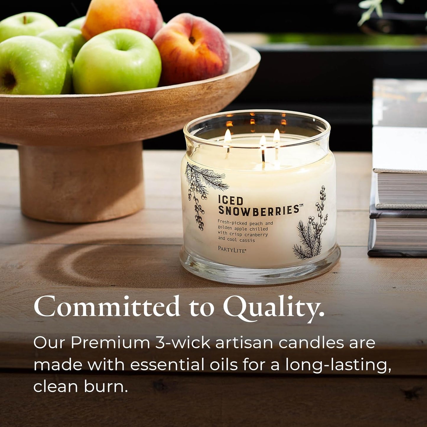 PartyLite Iced Snowberries Scented, Notes of Apple, Cassis, Cranberry, Peach, Strawberry, Berry, Vanilla & Musk,13.2oz 3-Wick Jar Candle, 45 Hour Burn Time, Luxurious Fragrance, Perfect for Gifting