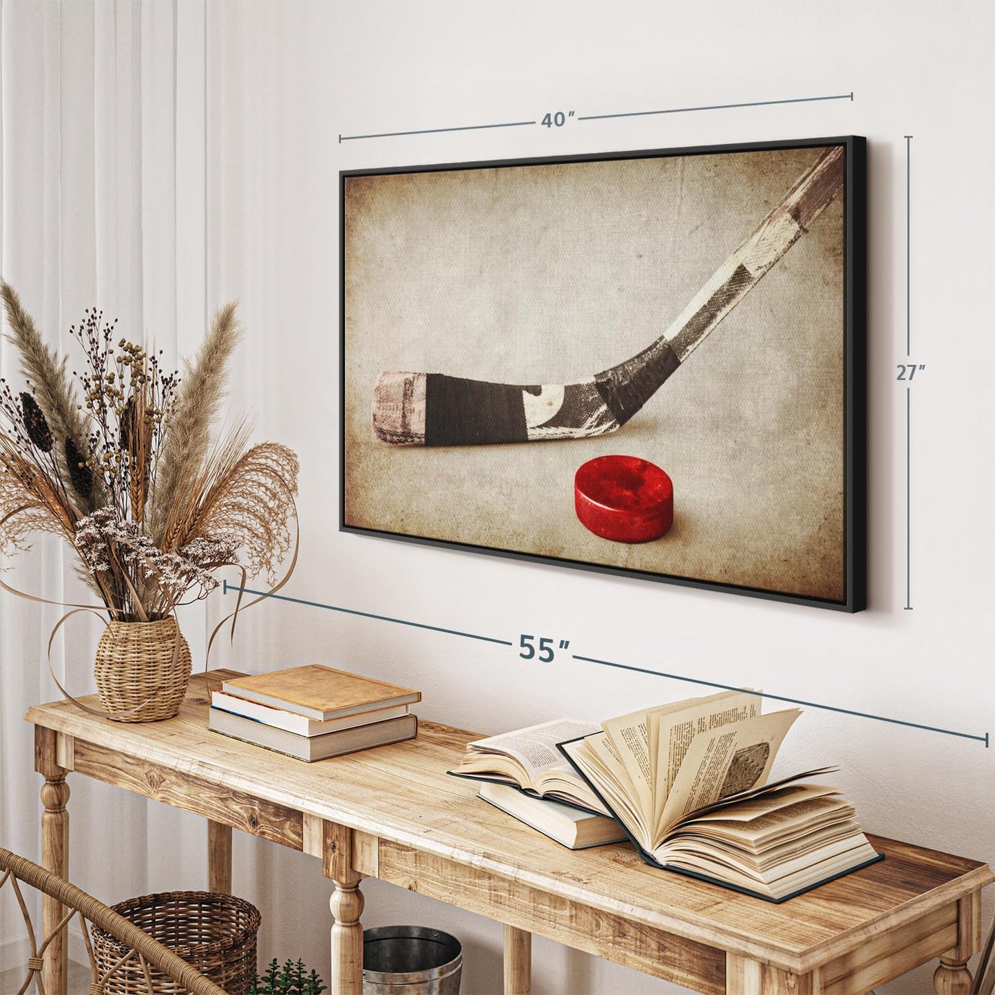 Elephant Stock Vintage Ice Hockey Wall Art - Horizontal Framed Canvas - 1-Piece Hallway Wall Decor - Photography Sports Canvas Print - Brown and Beige Decor for Wall - 40" X 27"