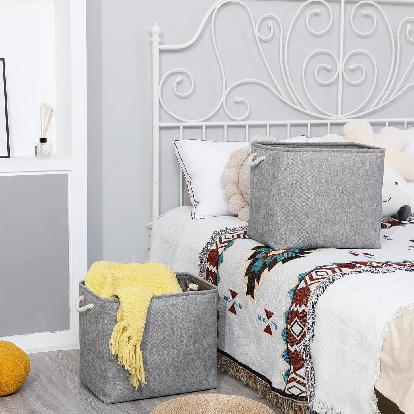 Bidtakay Collapsible Storage Bins for Clothes Large Grey Storage Baskets with Cotton Handles 17x12x15 In Set of 2 Fabric Cubby Storage Bins Livingroom Home Decorative Storage Organizer for Blankets