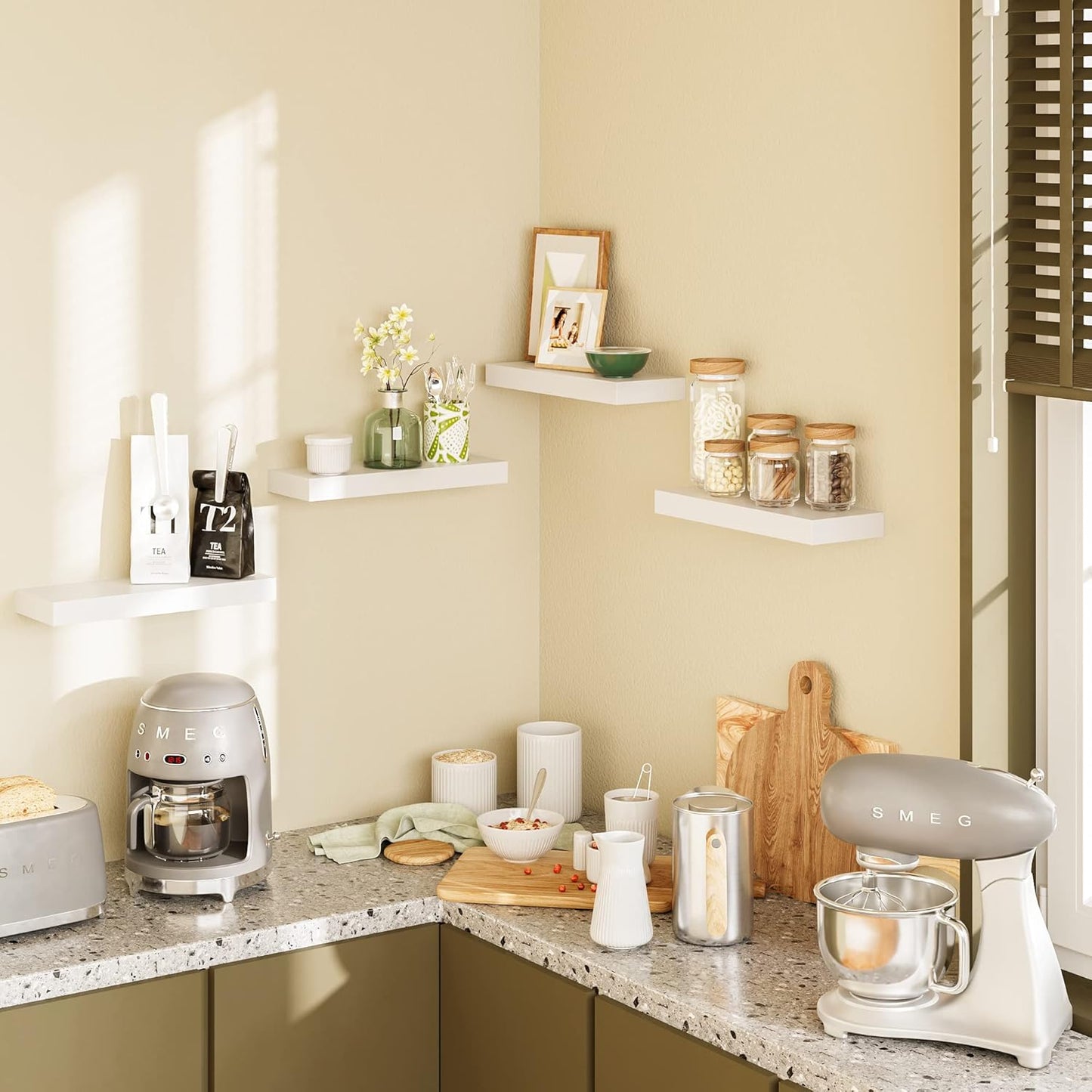 BAMEOS Floating Shelves, White Wall Mounted Wooden Shelves with Invisible Brackets Set of 2, Hanging Wall Shelves Decoration for Bedroom, Bathroom, Living Room and Kitchen