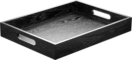 Wood Serving Tray with Handles, Home Decorative Wooden Rectangle Ottoman Decor Platter Vanity Tray for Breakfast Dinner Drinks Kitchen Dining Living Bathroom Restaurants Black