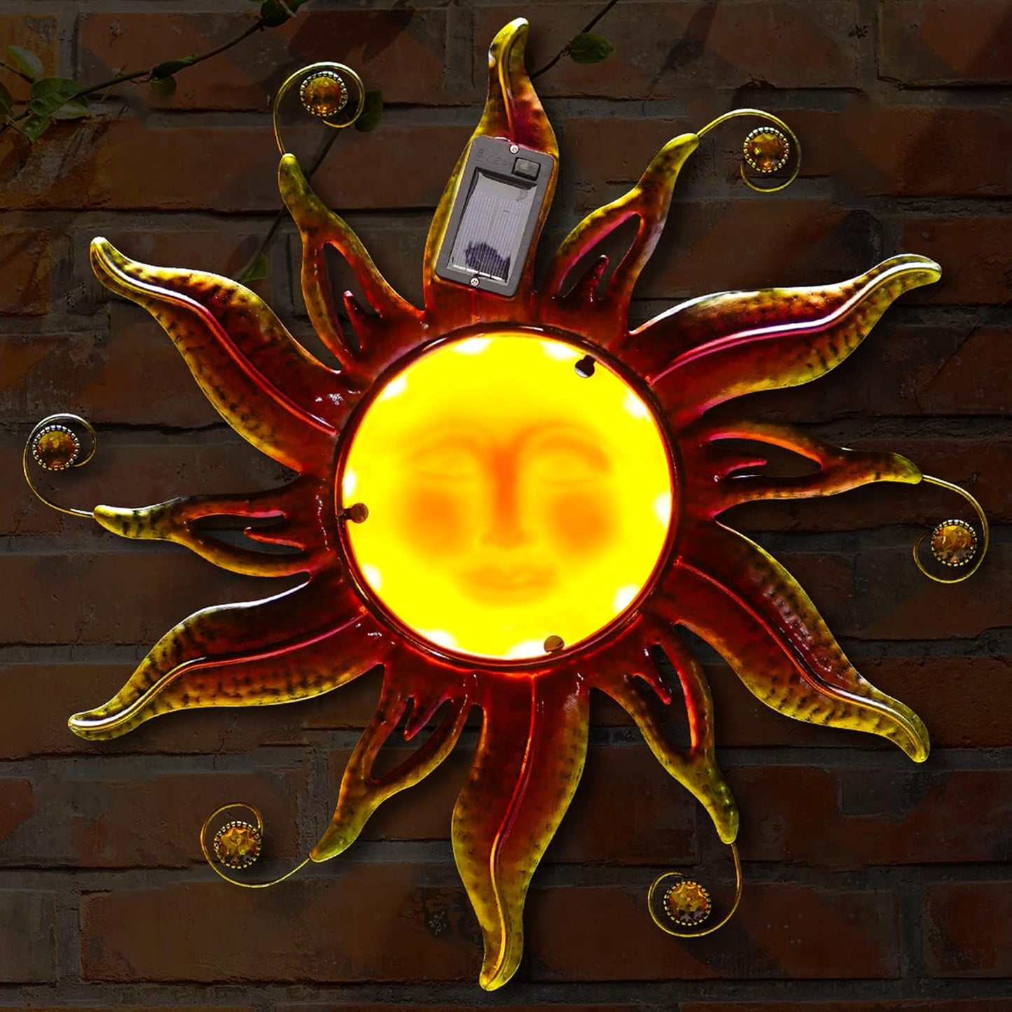 Goodeco Solar Sun Face Wall Art – Metal Outdoor Wall Decor with Solar LED Lights for Garden & Patio - Weather Resistant, Smiling Sun Face Design (18 inch, Gold