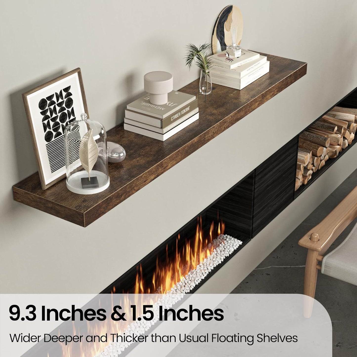 Floating Shelves for Wall, 72" W x 9.3" D x 1.5" H, Long Wooden Wall Mounted Display Shelf with Invisible Brackets for Living Room, Bedroom, Bathroom, Kitchen & Storage, Set of 1, Rustic Brown