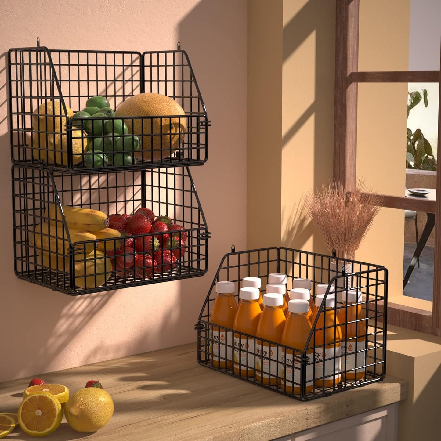 Stackable Wire Storage Baskets for Kitchen Closet Pantry, Hanging Closet Organizers Storage Shelves Organization, Wall Mount Metal Basket Bins, Clothing Vegetable & Fruit Organizer 3 pcs