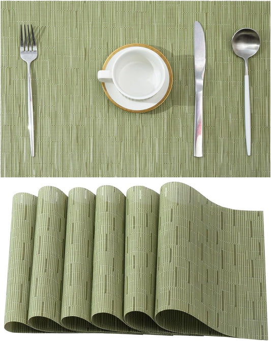 Leetaltree Pea Green Placemats Set of 6 - Heat Resistant Non-Slip Place mats for Dining Table, Washable Durable PVC Vinyl Woven Table Mats（Pea Green, 6）