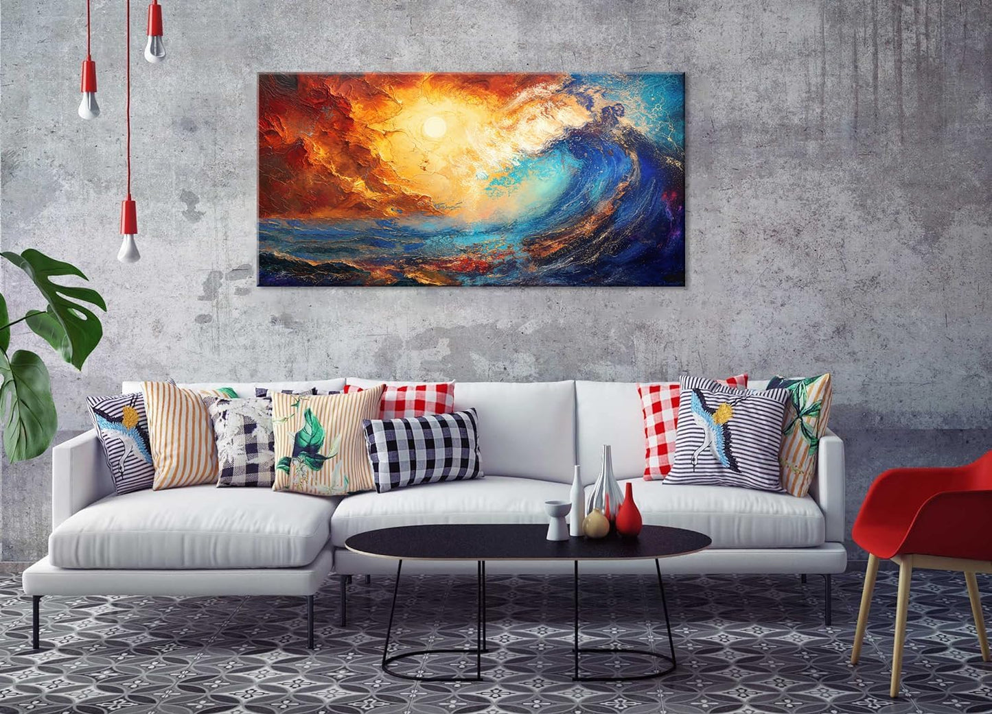 LASMOND Abstract Ocean Wall Art for Living Room Beautiful Blue Sea Wave Seawater Colorful Sky Landscape Wall Art Decor Artwork Bedroom Office (58x28 Inches)