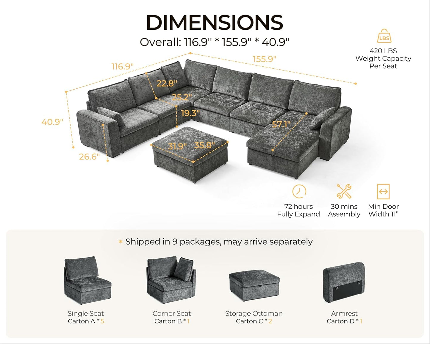 Oversized Modular Sofa Comfy Cloud Couch with Storage, Extra Deep Plush Sectional Sofa Set for Living Room, Covers Washable, Chenille, Olar (Grey, 8-Seater with Corner & 2 Ottomans, u-Shaped)