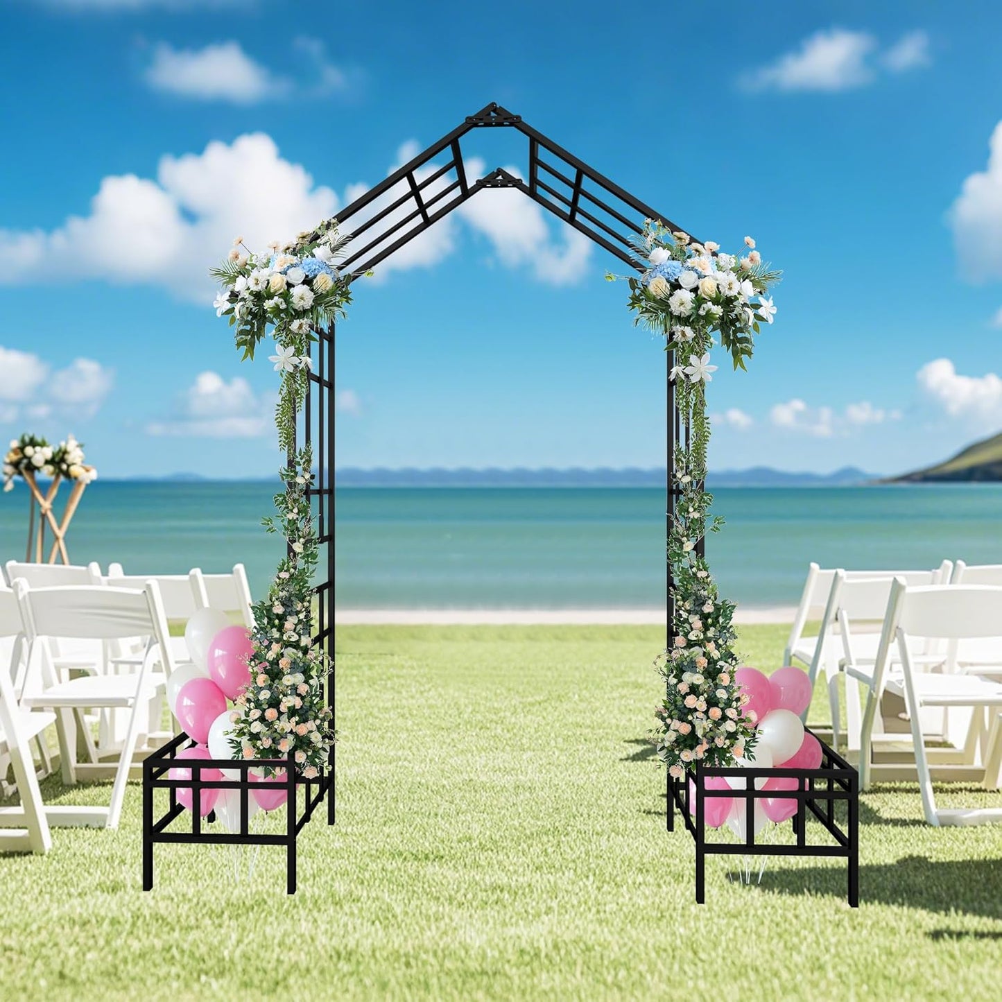 Metal Garden Arch with Plant Box Adjustable Width W68.11'' ~W94.29'' Garden Trellis Climbing Plants Support Rose Arch Outdoor Wedding Party Events Archway,Black