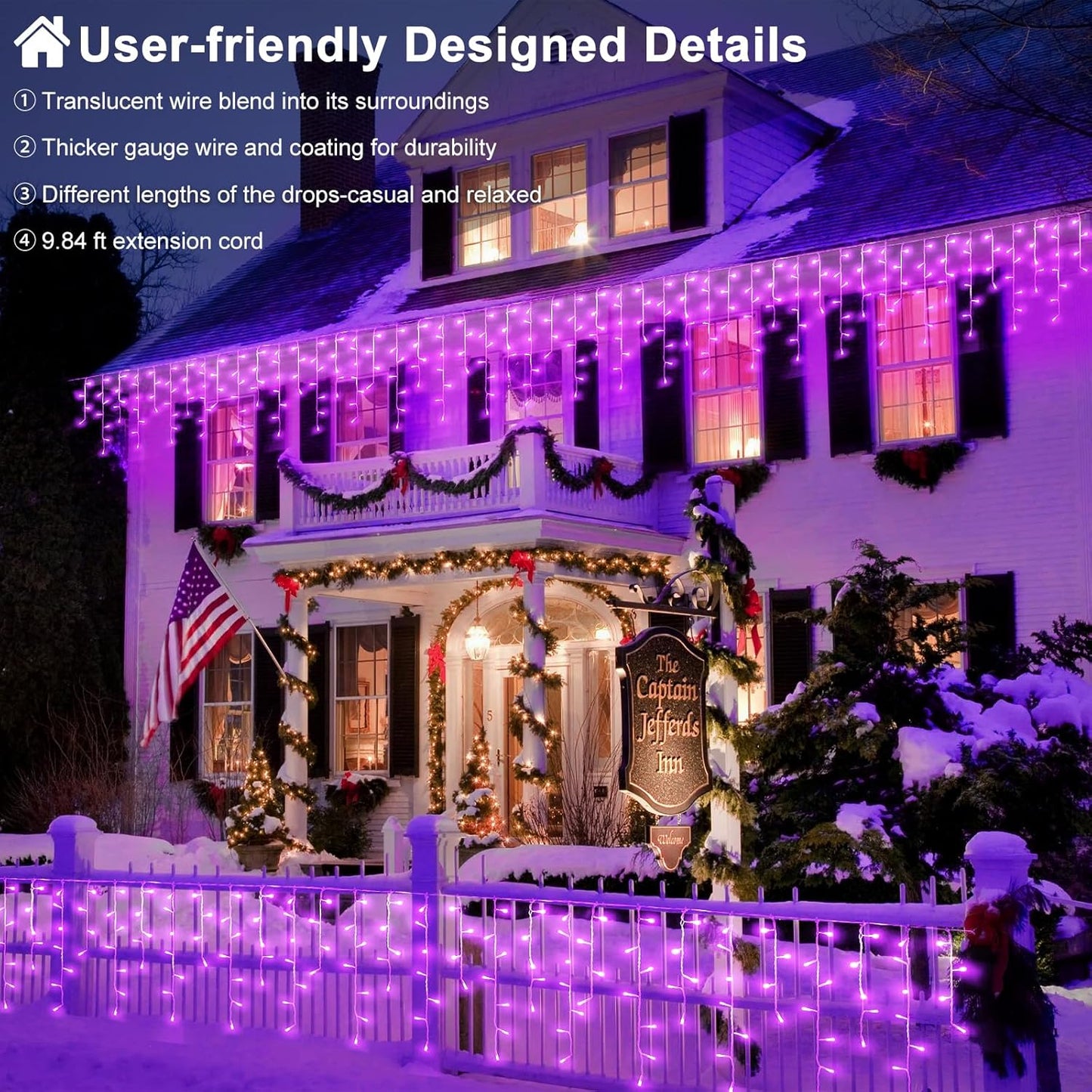 33ft Purple Halloween Lights Outdoor, 400 LED Icicle Lights for Outside Indoor Twinkle Christmas Light with Connectable Clear Wire 8 Modes Timer Waterproof for House Party Tree Holiday Yard Decoration