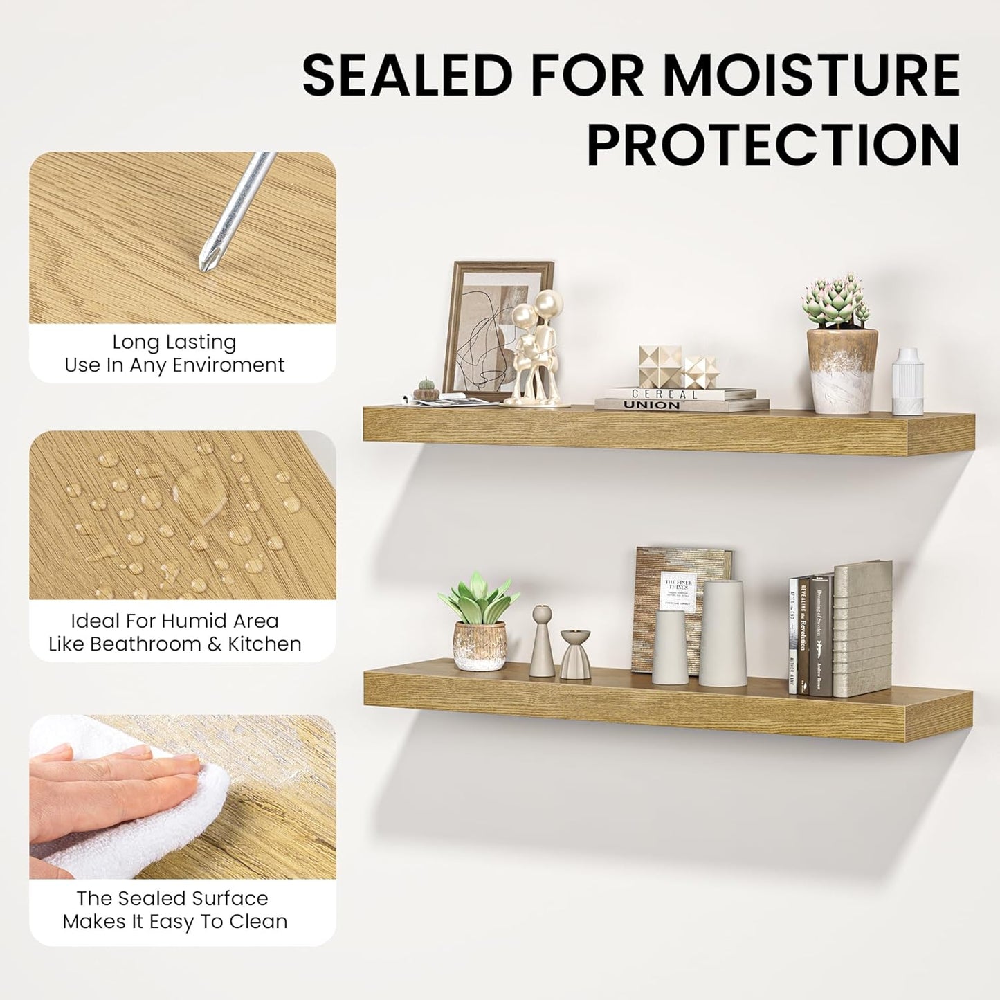 Floating Shelves for Wall, 48" W x 9.3" D x 1.5" H, Wooden Wall Mounted Display Shelves with Invisible Brackets for Living Room, Bedroom, Bathroom, Kitchen Decor and Storage, Set of 1, Oak